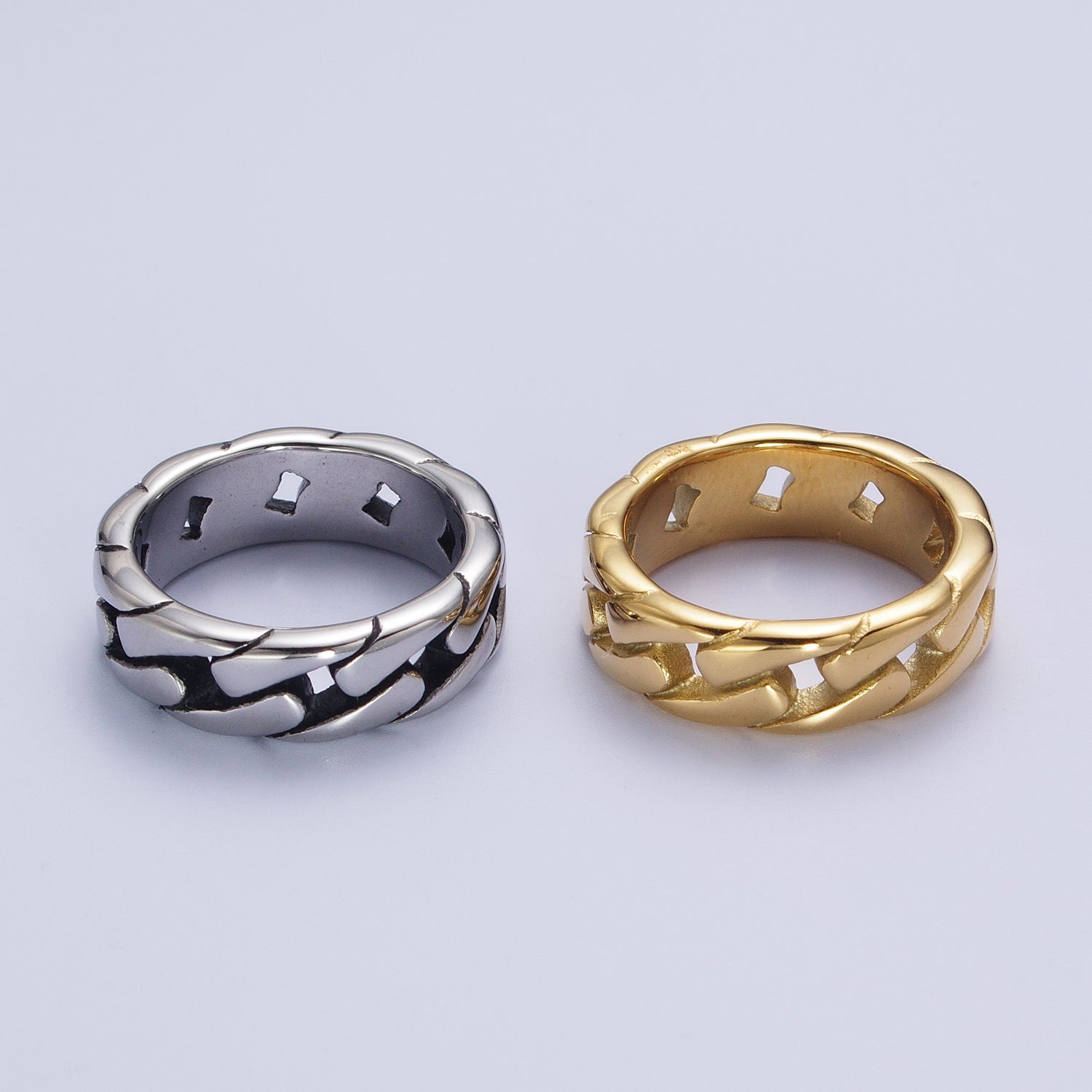 Flat Curb Chain Link Gold/Silver Stainless Steel Ring | V083-V086 - DLUXCA