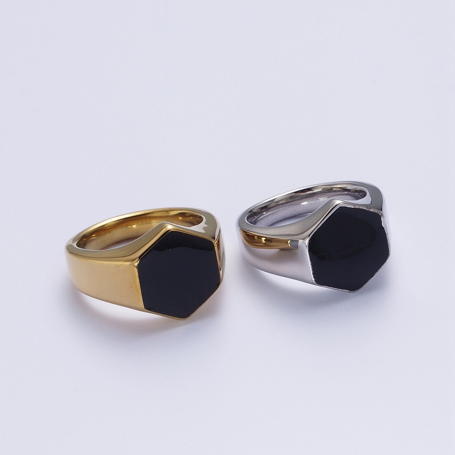 Black Cubic Zirconia CZ Hexagonal Signet Stainless Steel in Gold & Silver | V087-V090 - DLUXCA