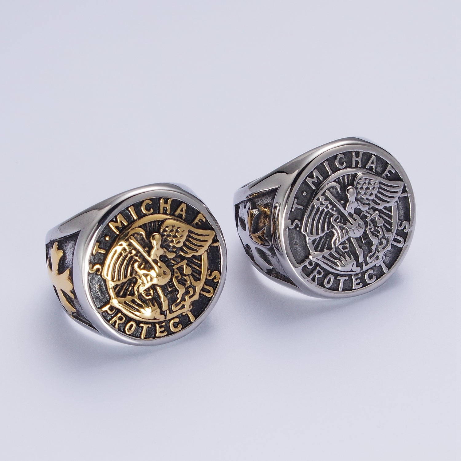 Stainless Steel Saint St. Michael "Protect Us" Religious Silver & Mixed Metal Ring | S325 S331 U540 U539 - DLUXCA