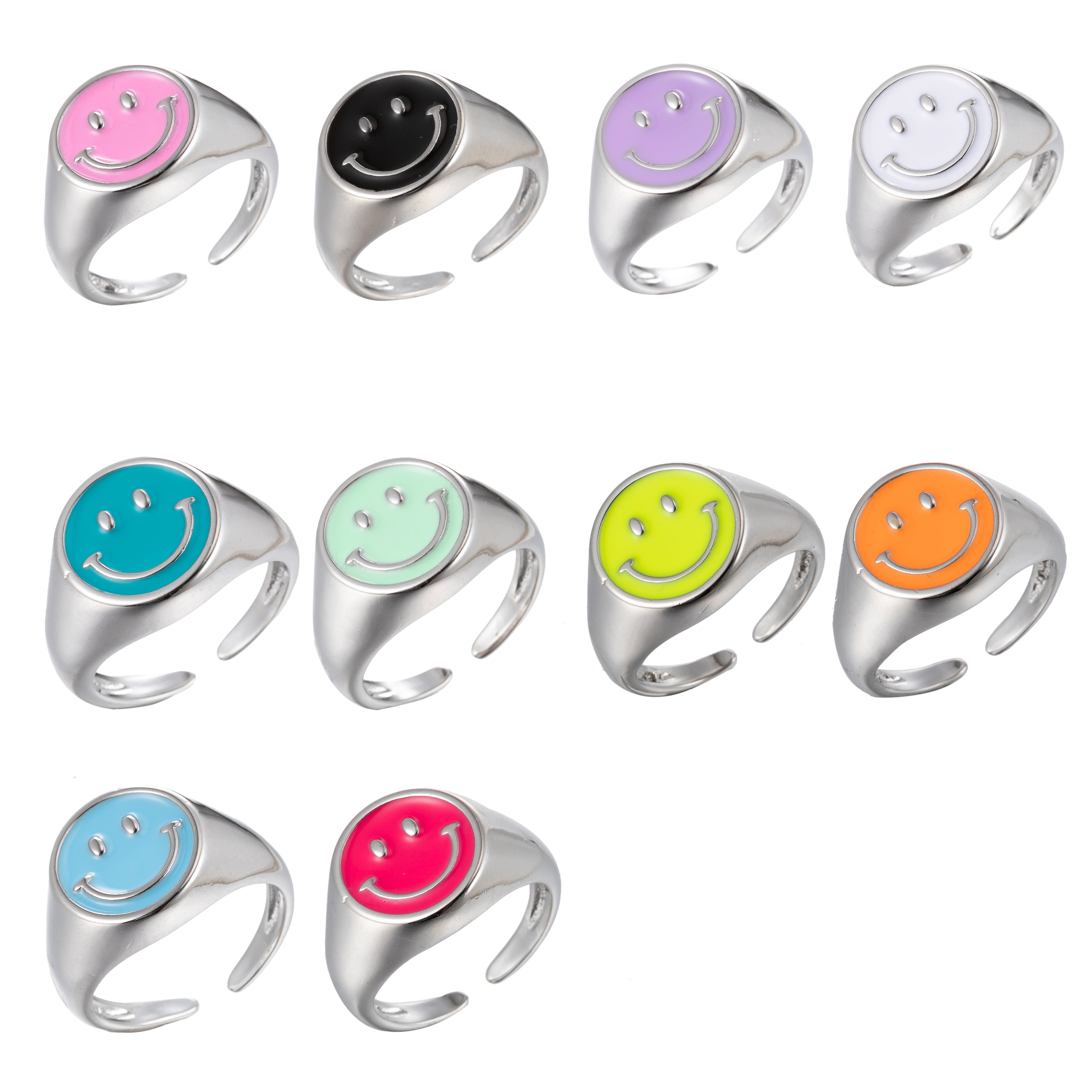 Enamel Happy Face Ring, Silver Smiley Face Signet Ring Y2K Jewelry Inspired - DLUXCA