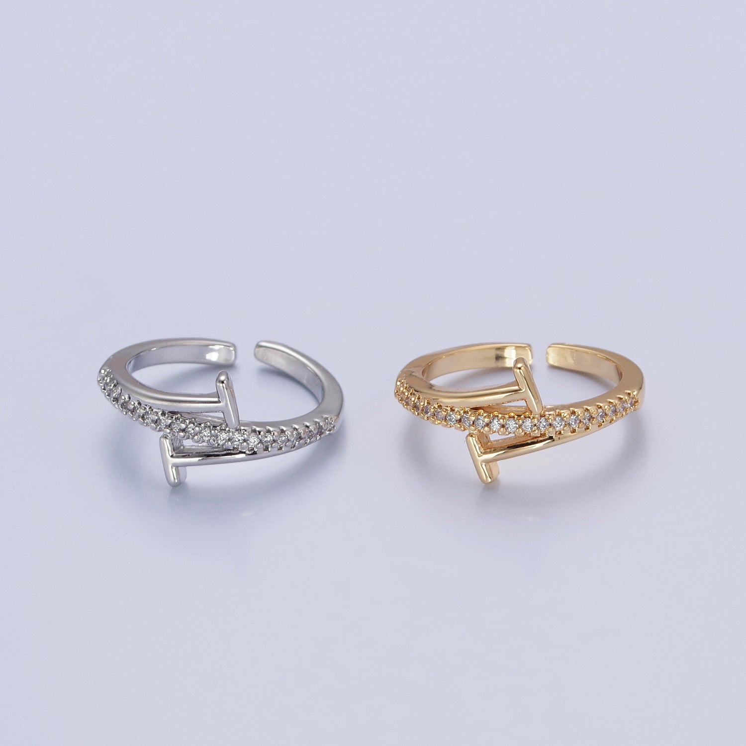 Minimalist 24K Gold Filled Micro Pave CZ Open T Ring in Silver & Gold V-525 V-526 - DLUXCA