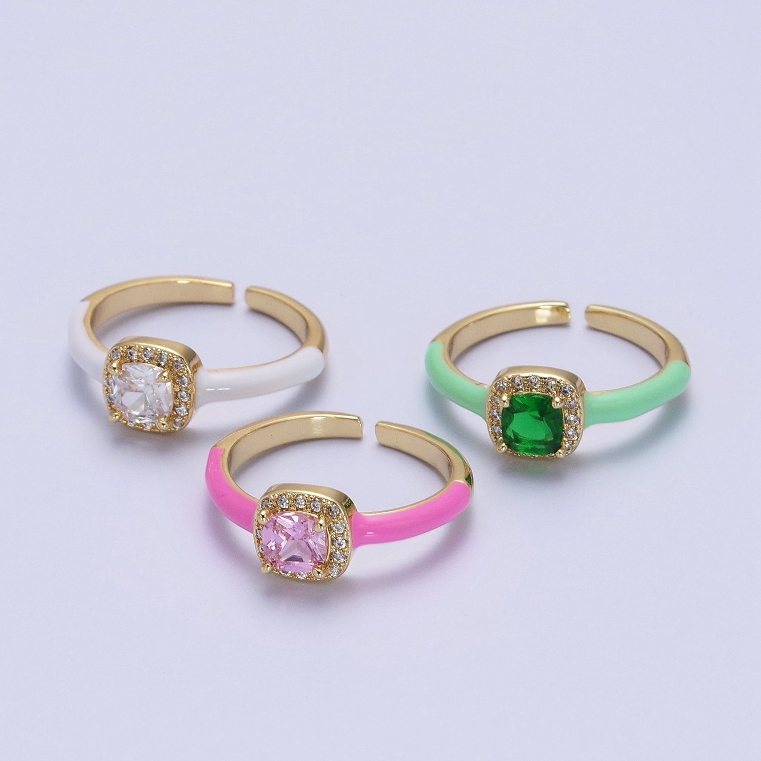 Gold Filled Barbiecore Square Green, White, Pink Micro Paved Enamel Adjustable Ring | Y340 - Y342 - DLUXCA