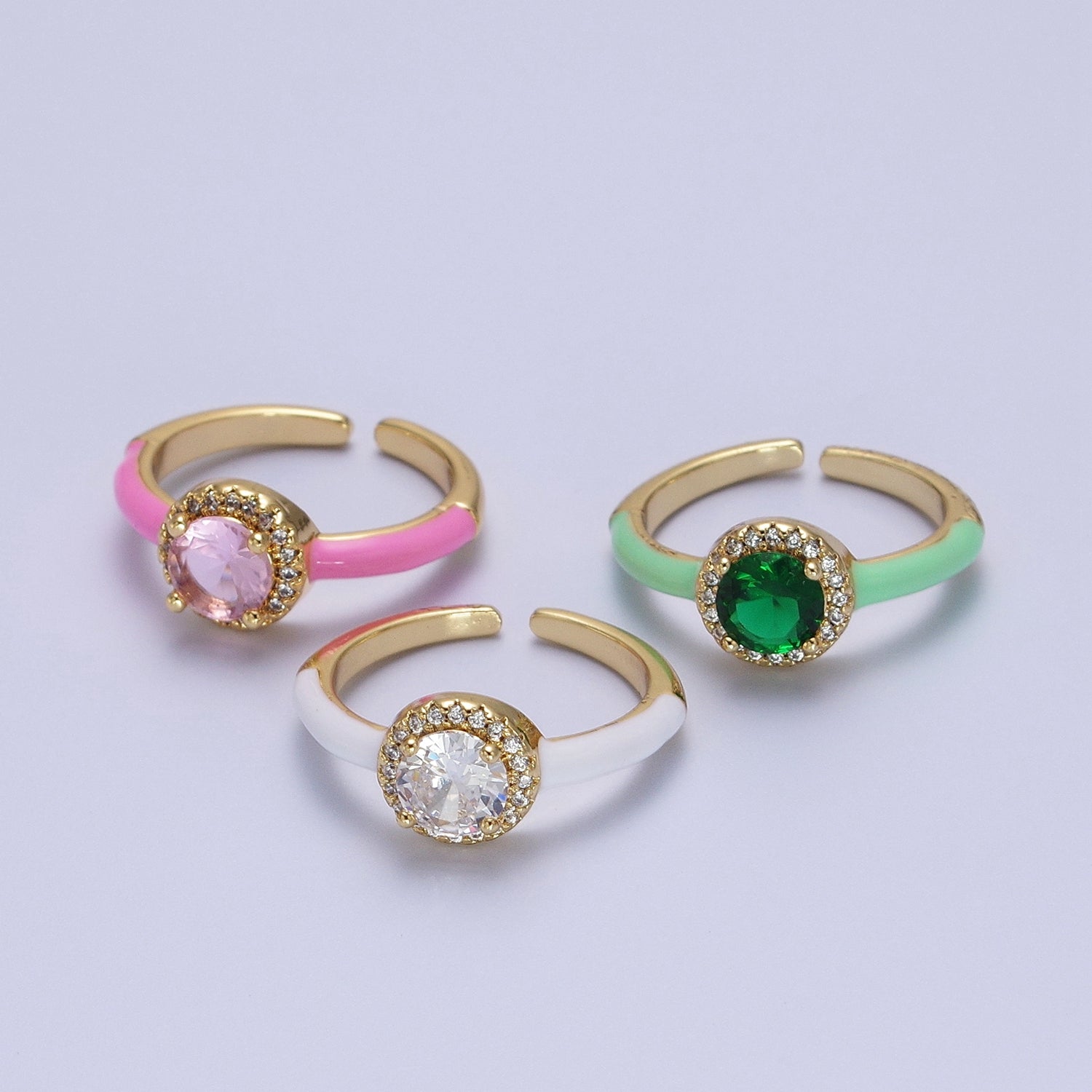 Gold Filled Barbiecore Round Green, White, Pink Micro Paved Enamel Adjustable Ring | Y343 - Y345 - DLUXCA