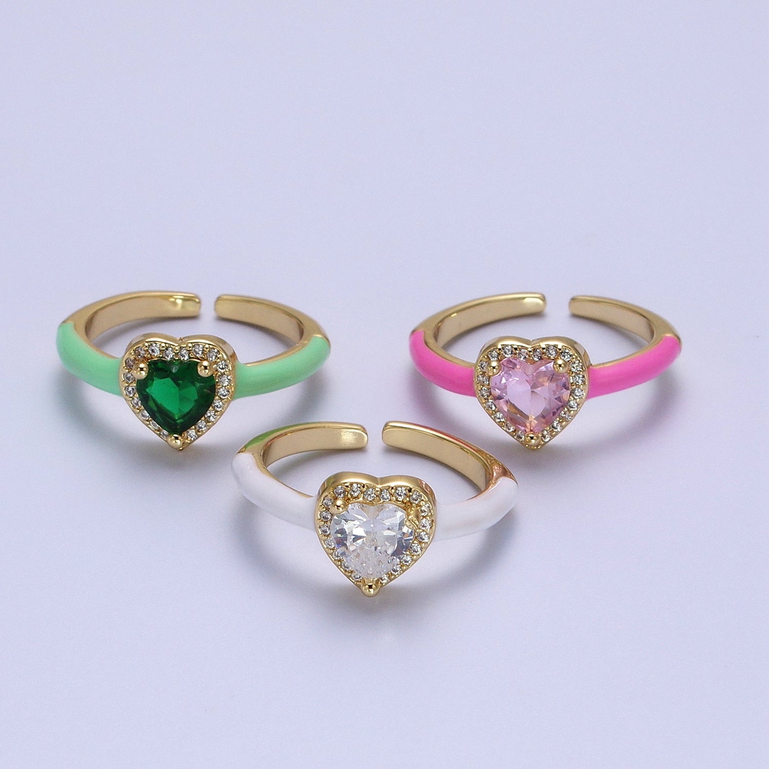 Gold Filled Barbiecore Heart Green, White, Pink Micro Paved Enamel Adjustable Ring | Y346 - Y348 - DLUXCA