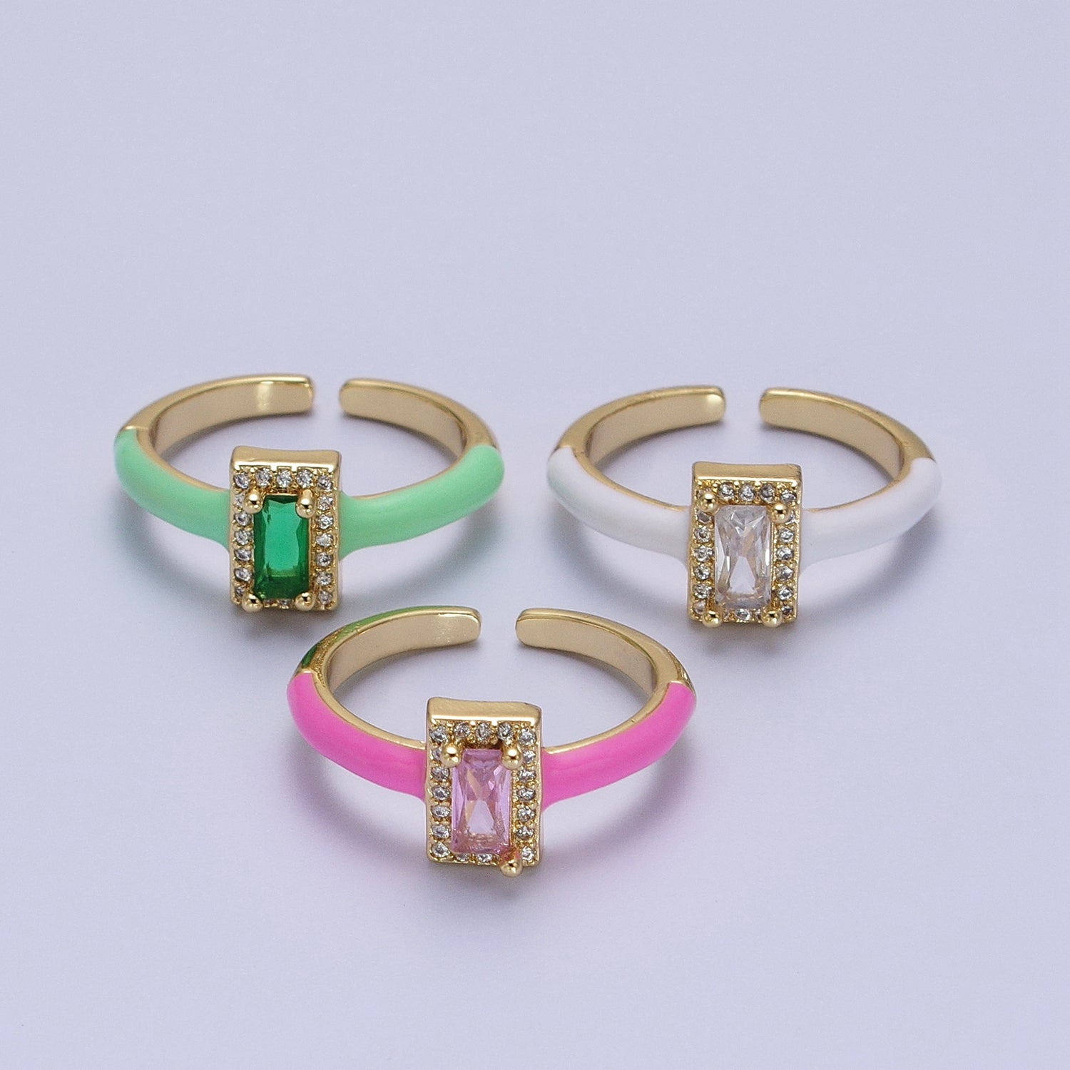 Gold Filled Barbiecore Baguette Green, White, Pink Micro Paved Enamel Adjustable Ring | Y349 - Y351 - DLUXCA