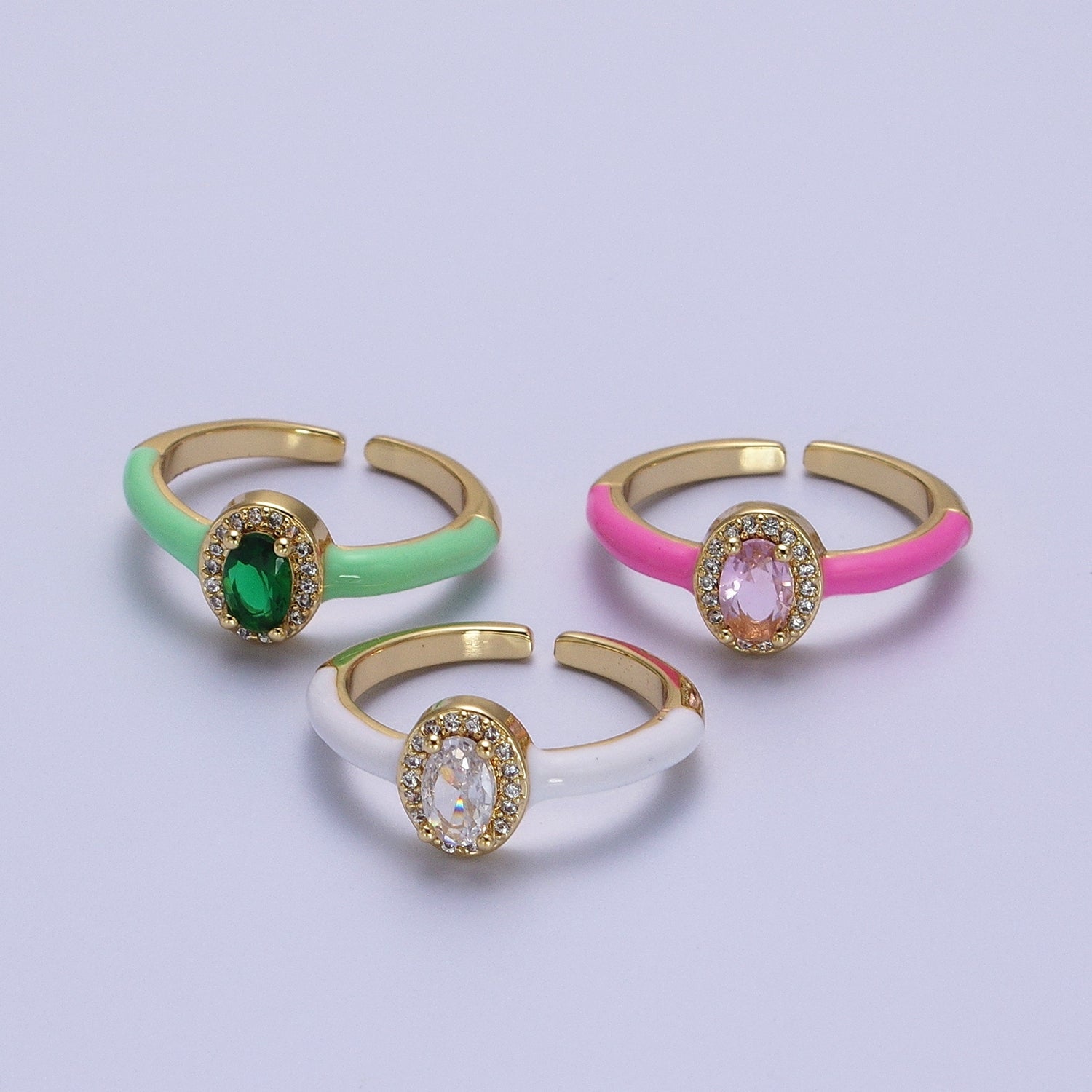 Gold Filled Barbiecore Oval Green, White, Pink Micro Paved Enamel Adjustable Ring | Y352 - Y354 - DLUXCA