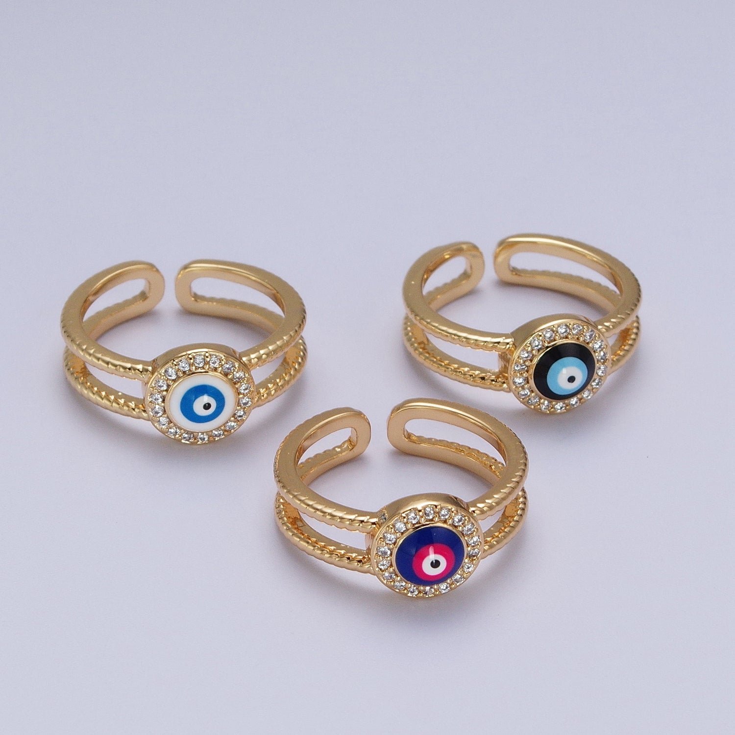 Micro Paved CZ Evil Eye Enamel Black, Blue, White Double Band Gold Ring | Y482 - Y484 - DLUXCA