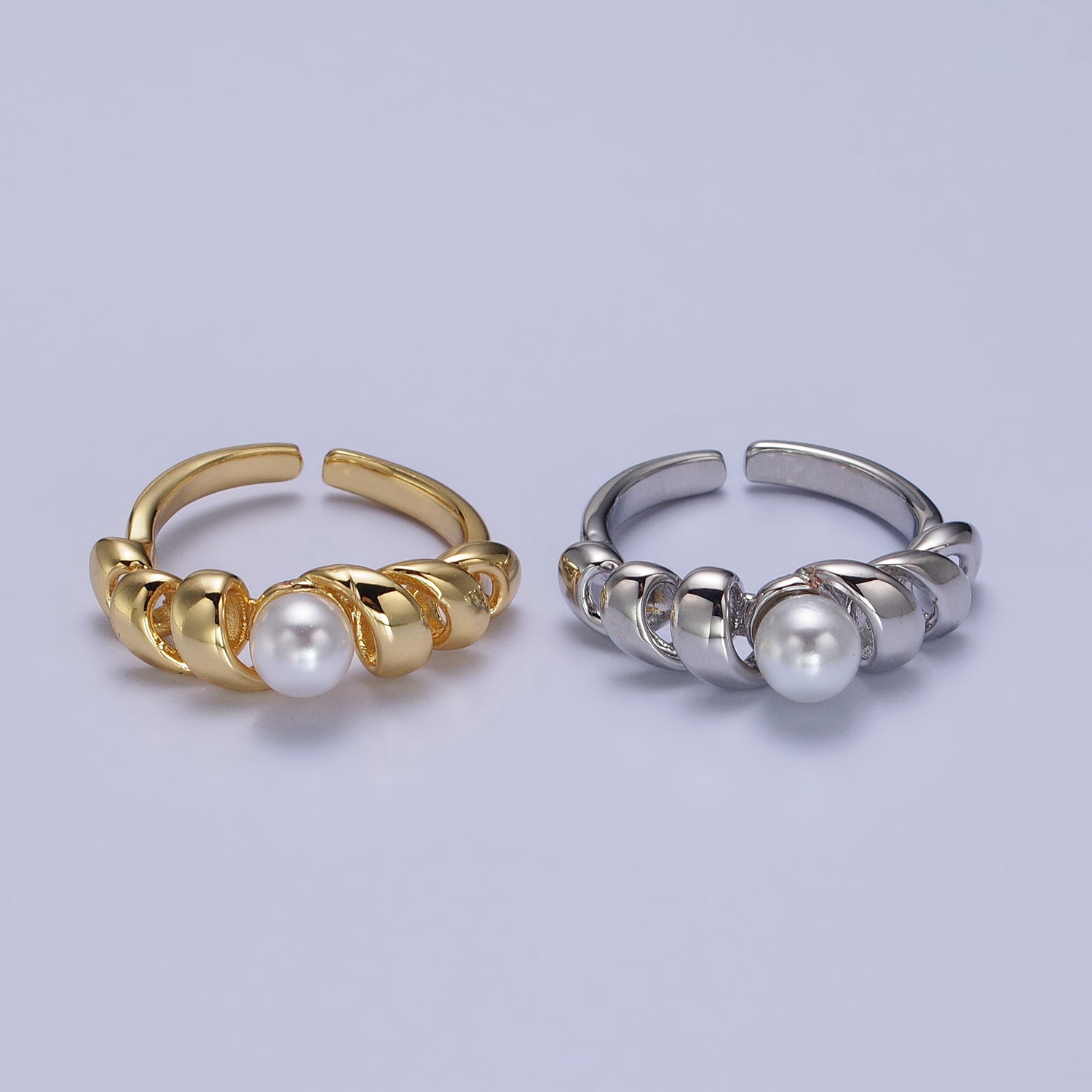 24K Gold Filled Round Pearl Twisted Coil Adjustable Ring in Gold & Silver | Y592 Y593 - DLUXCA