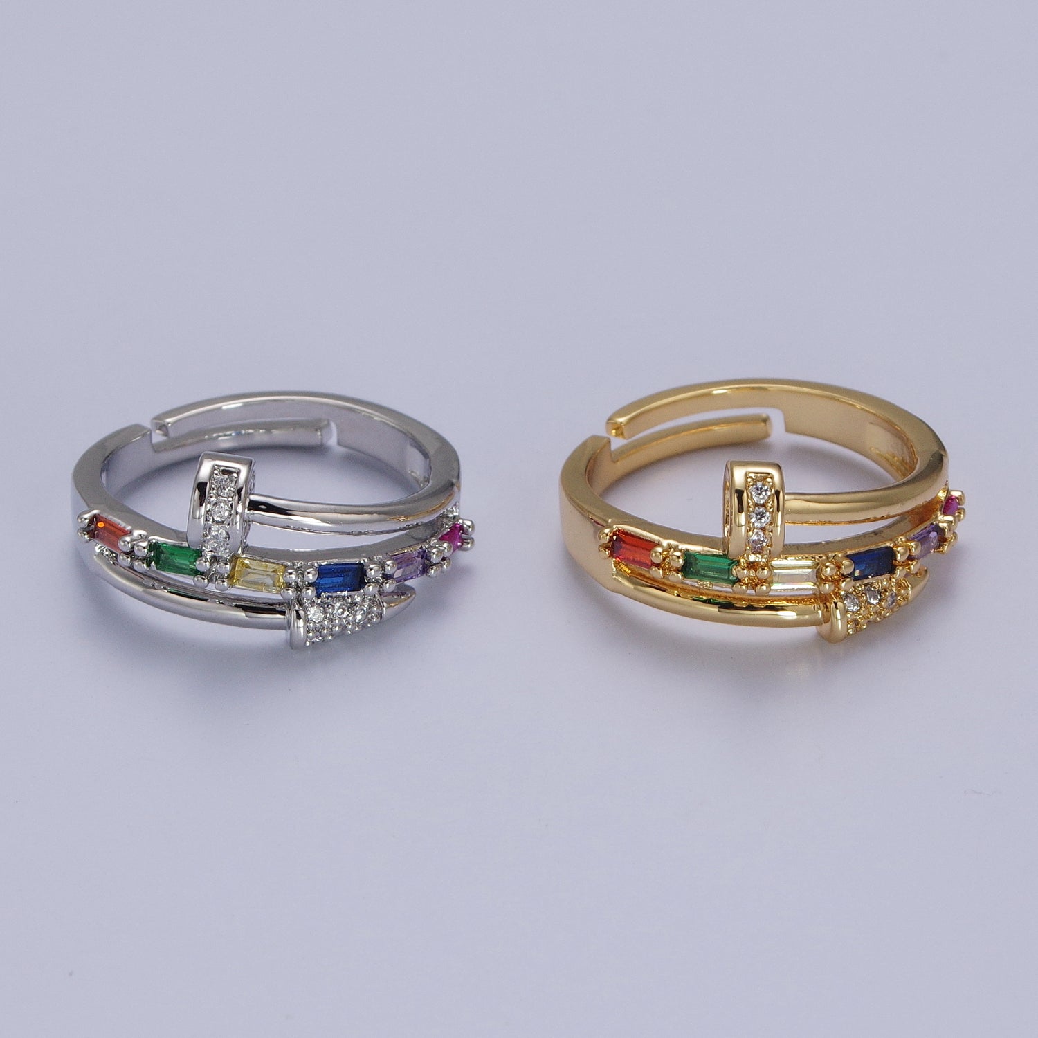 Clear Micro Paved Multicolor Baguette Adjustable Nail Ring in Gold & Silver | Y565 Y566 - DLUXCA