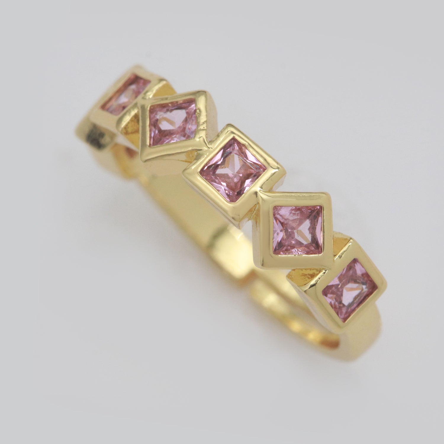 Geometric Gold Ring, Open Gold Adjustable Ring Pink / Clear / Green Color Cz Stone - DLUXCA