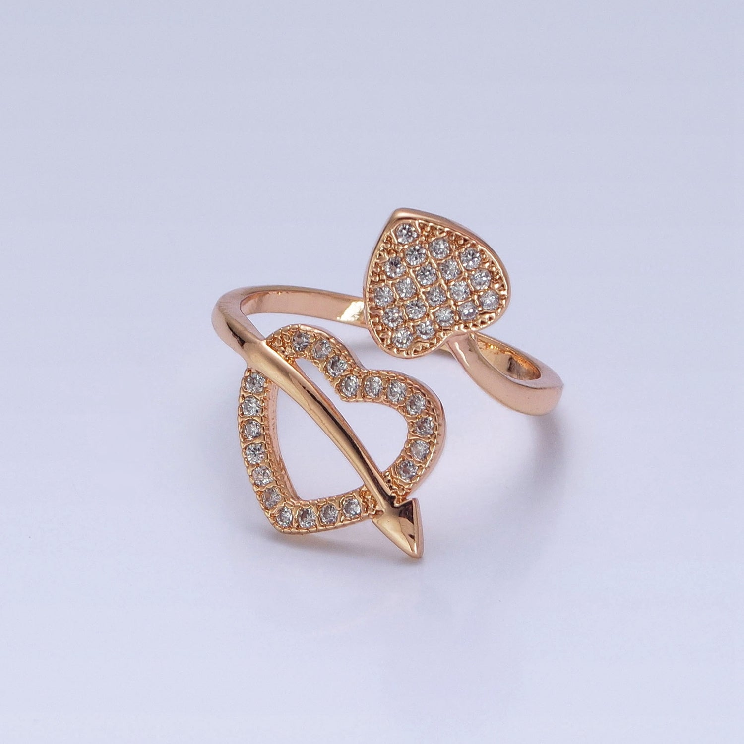 16K Gold Filled Two Micro Pave CZ Hearts with Arrow Open Adjustable Ring S233 - DLUXCA