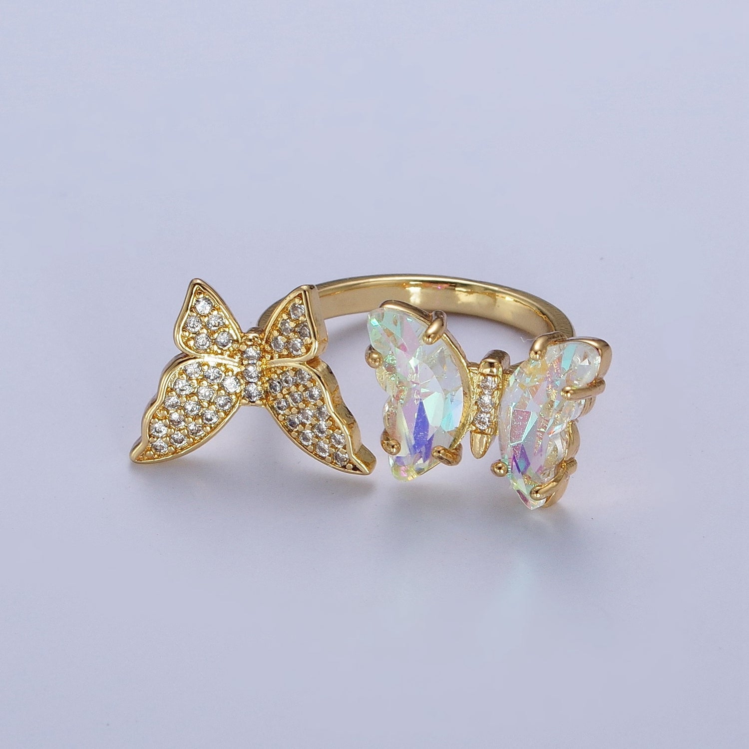 24K Gold Filled Micro Pave Cubic Zirconia Butterfly & Acrylic Mariposa Double Insect Butterfly Open Ring S-243 - DLUXCA