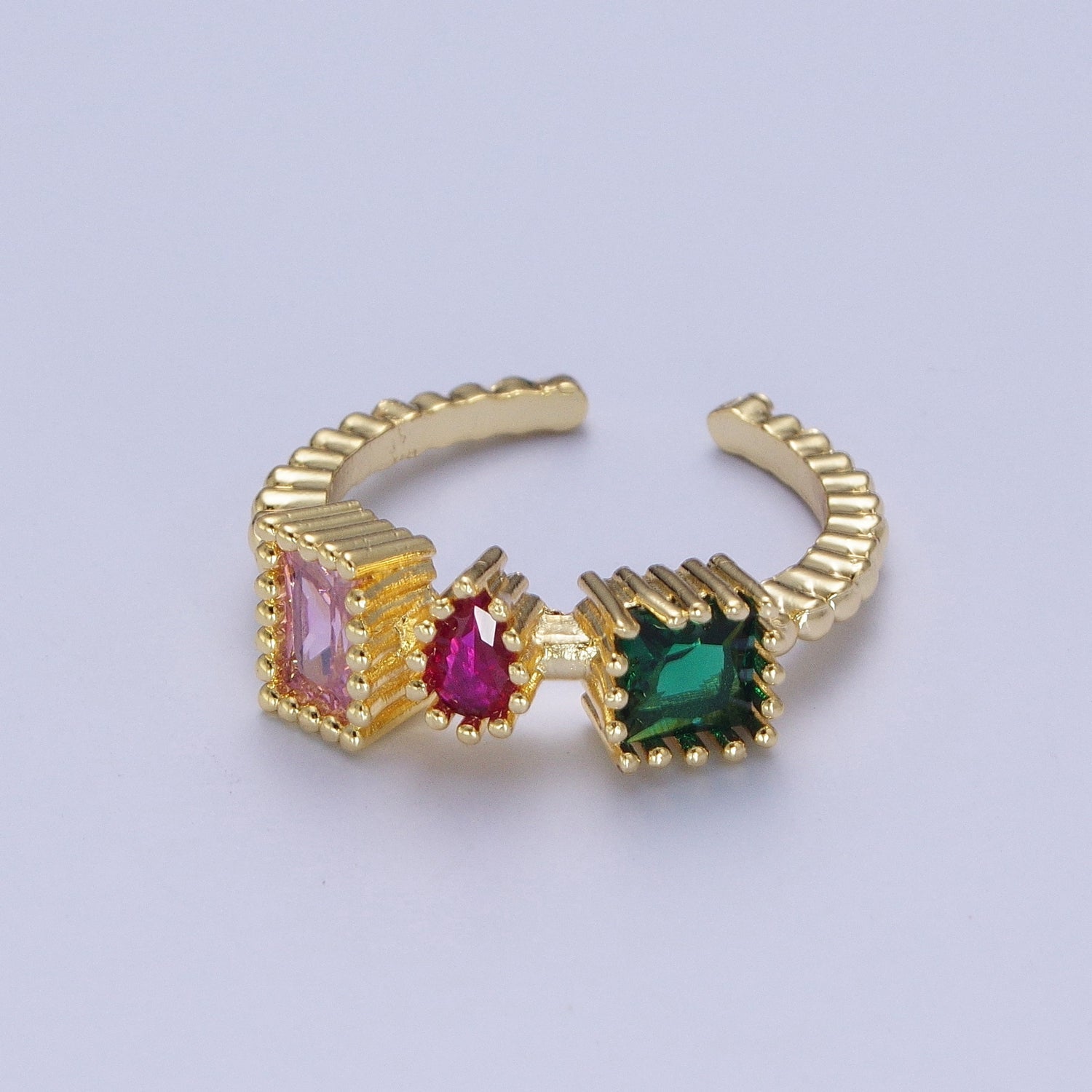 Gold Dotted Pink, Fuchsia, Green Baguette Teardrop Cubic Zirconia Adjustable Ring S-245 - DLUXCA