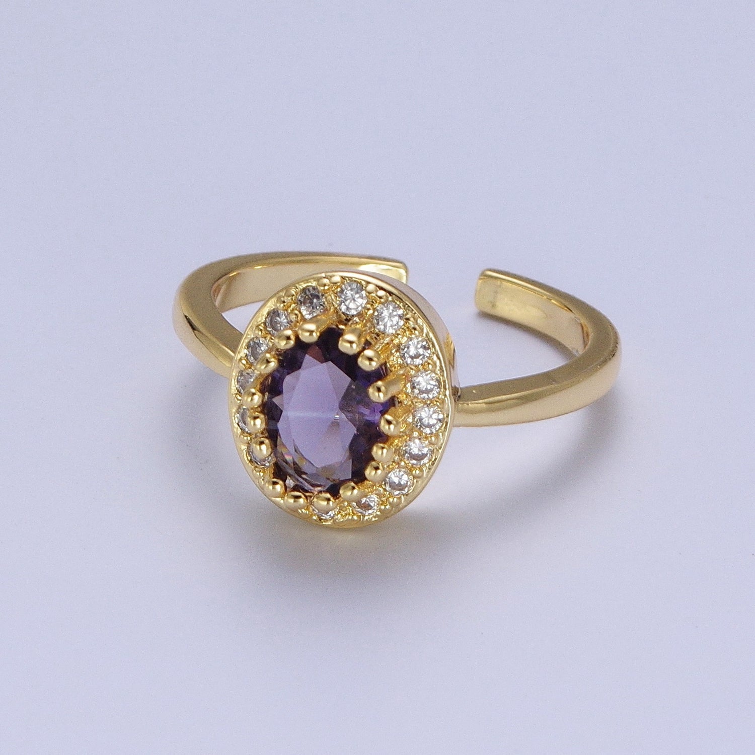 Micro Pave Oval Purple Amethyst Cubic Zirconia CZ Adjustable Gold Ring S248 - DLUXCA