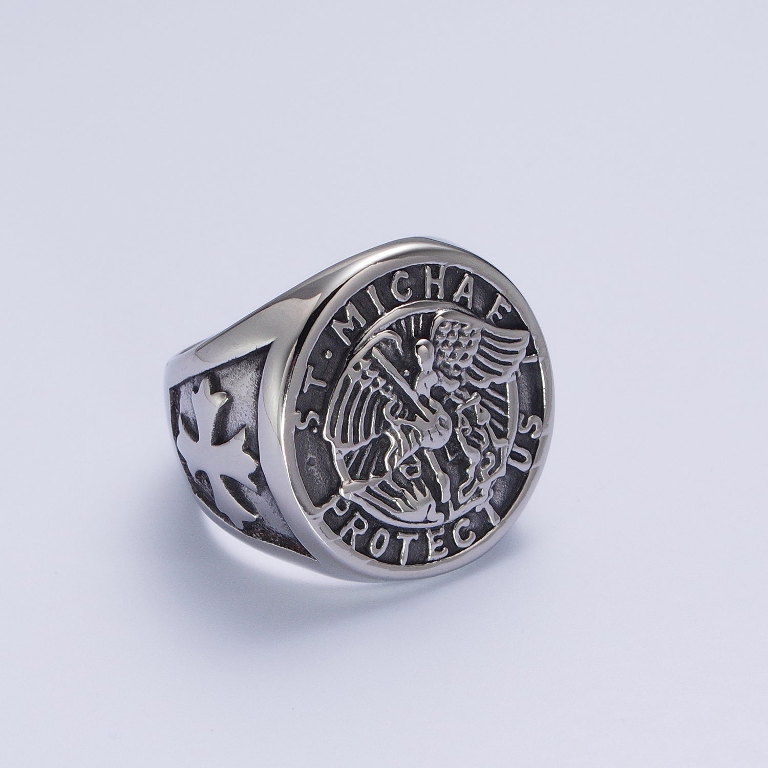 Stainless Steel Saint St. Michael "Protect Us" Religious Silver & Mixed Metal Ring | S325 S331 U540 U539 - DLUXCA