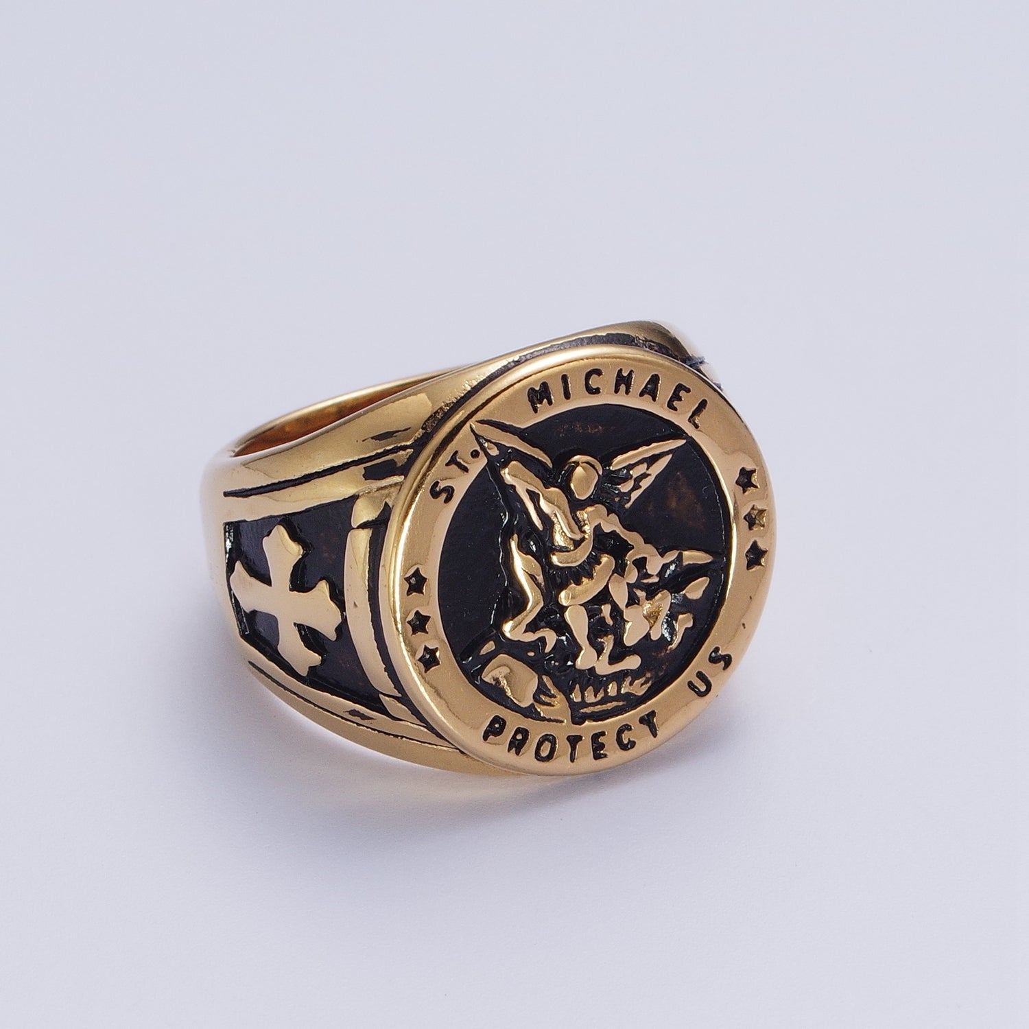 Gold, Silver, Bronze, Mixed Metal Stainless Steel Saint St. Michael Protection Signet Ring | S014 S016 S332 V077 - DLUXCA