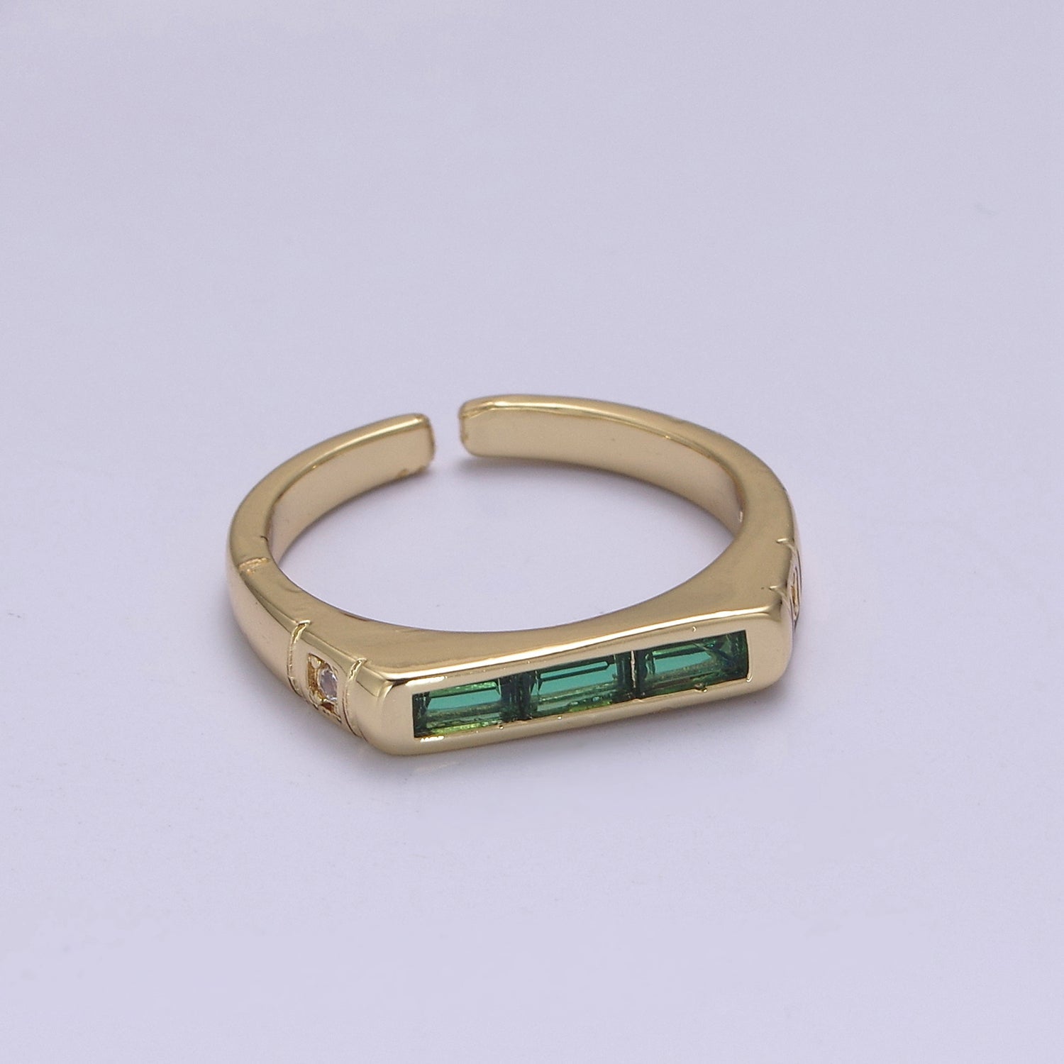 24K Gold Filled Triple Green, Clear Baguette CZ Cubic Crystal Zirconia Flat Bar Signet Adjustable Ring S-360 - DLUXCA