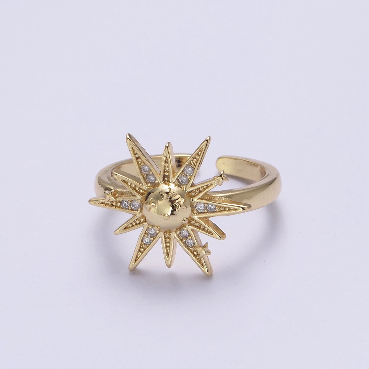 24K Gold Filled Micro Pave Cubic Zirconia CZ Sunburst Sun Star Adjustable, Statement Ring S-363 - DLUXCA