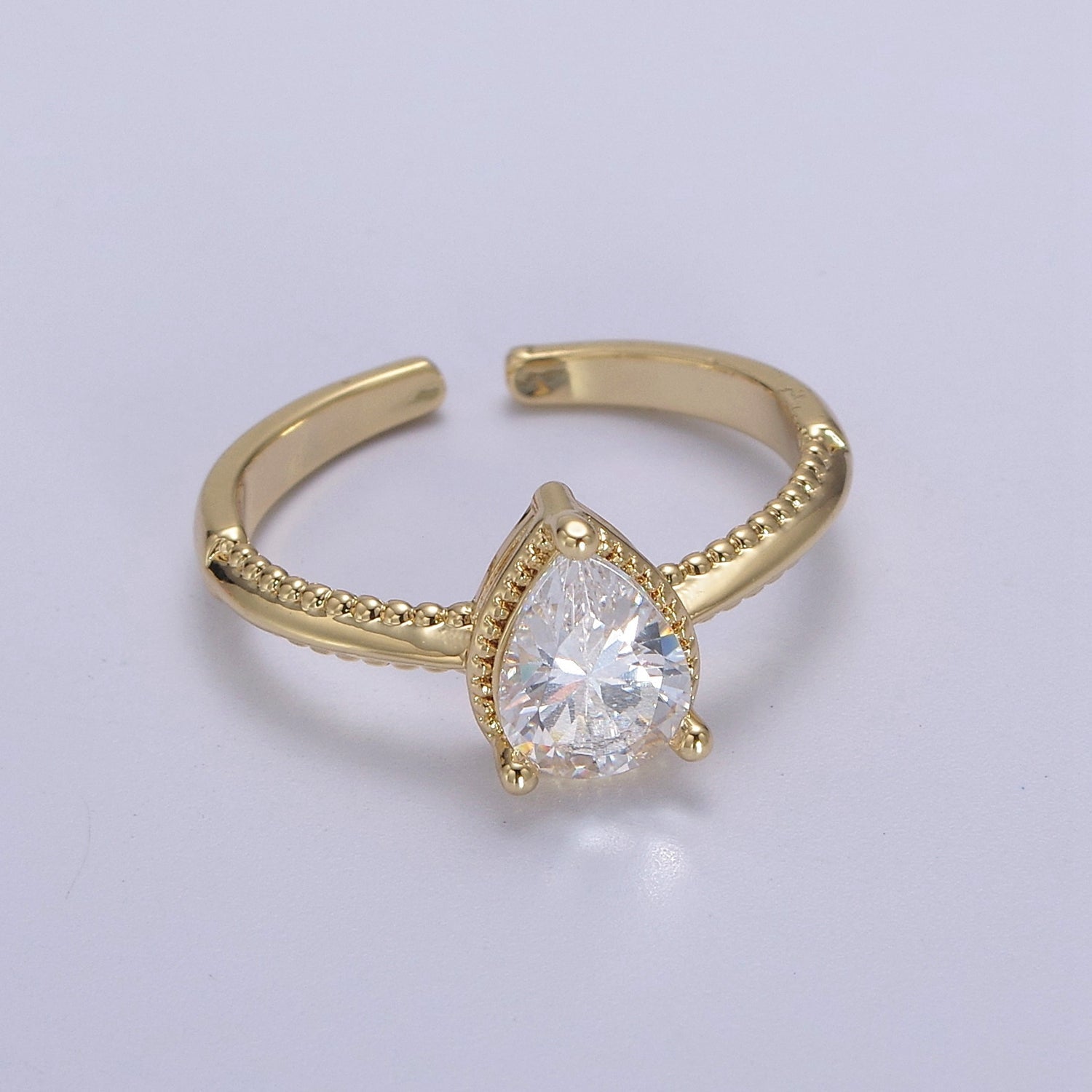 Gold Tear Drop Ring- CZ Pear Cut Ring Eye Tear Cubic Zirconia Open Adjustable Ring S-442 - DLUXCA