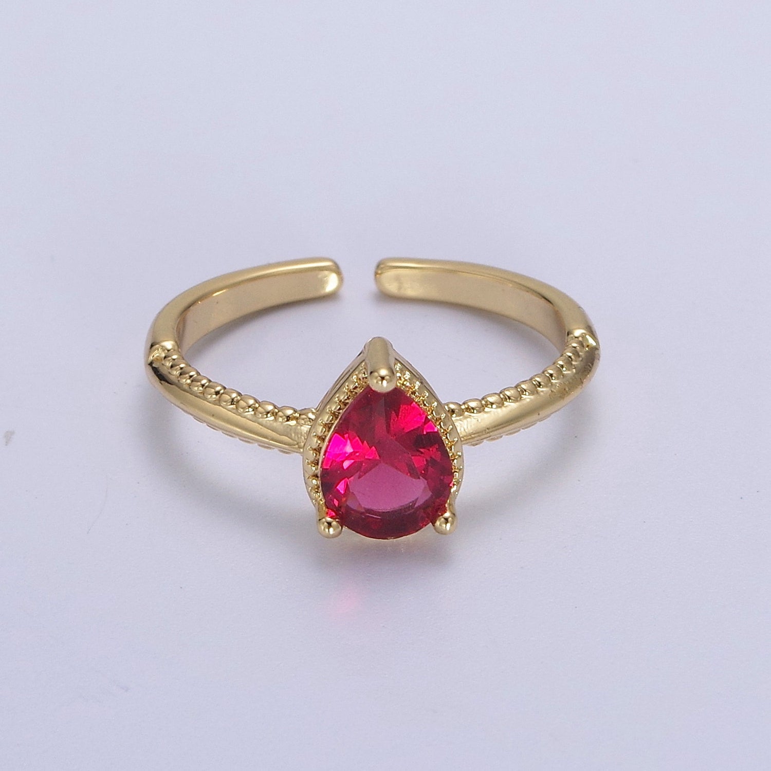 Gold Tear Drop Ring- CZ Pear Cut Ring Eye Tear Cubic Zirconia Open Adjustable Ring S-442 - DLUXCA