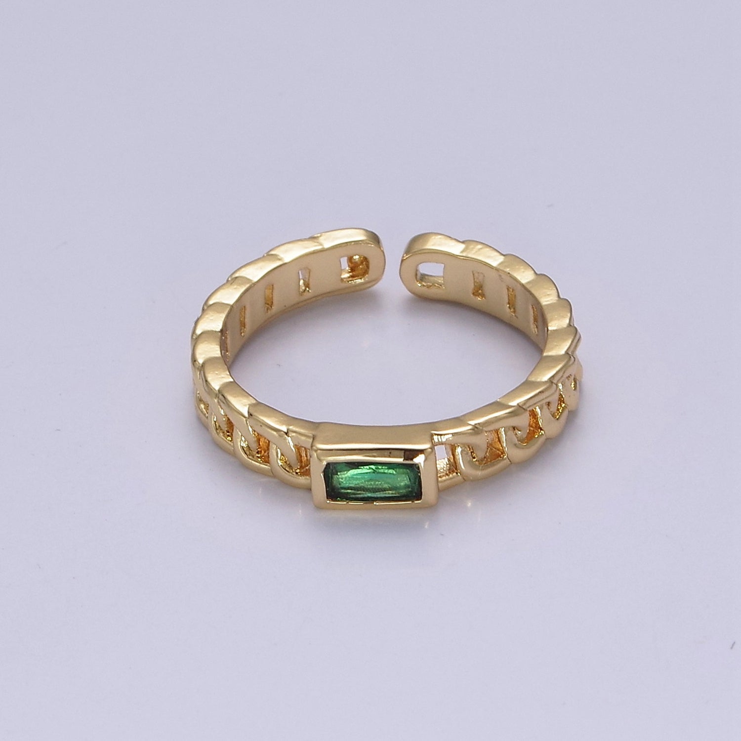 Dainty Chain Link Gold Band Emerald CZ Ring Cubic Zirconia Minimalist Ring Dainty Green CZ Adjustable Ring S-505 - DLUXCA