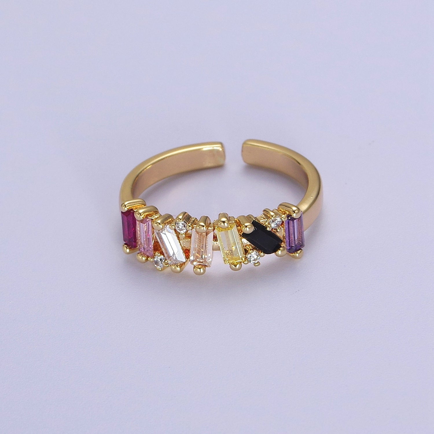 Rainbow CZ Irregular Baguette Adjustable Ring Rainbow Jagged Baguette Ring, CZ Stackable Ring S-525 - DLUXCA