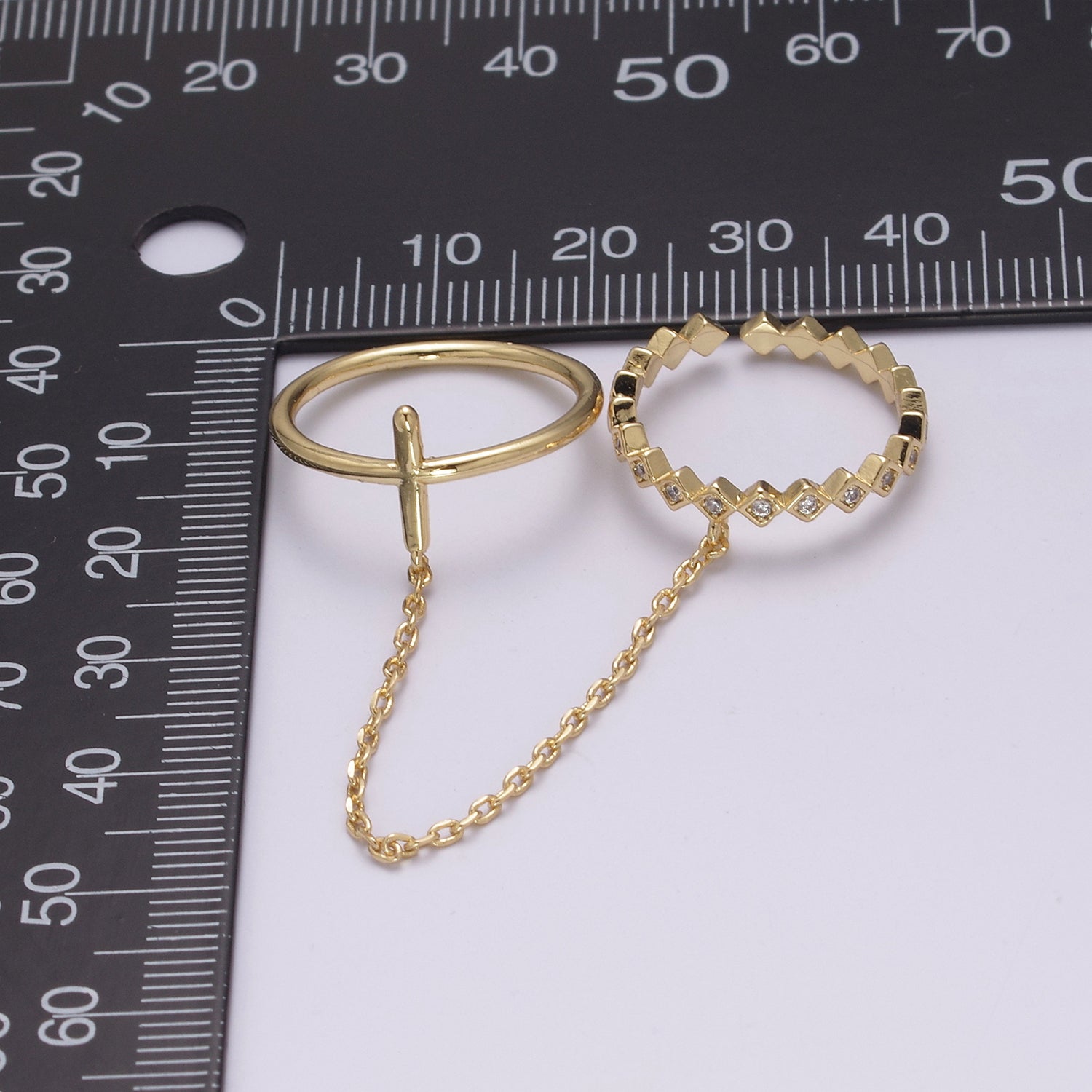 Double ring with chain, Adjustable ring, Stacking ring, Gold chain ring, Fashion ring, Minimalist Jewelry - DLUXCA