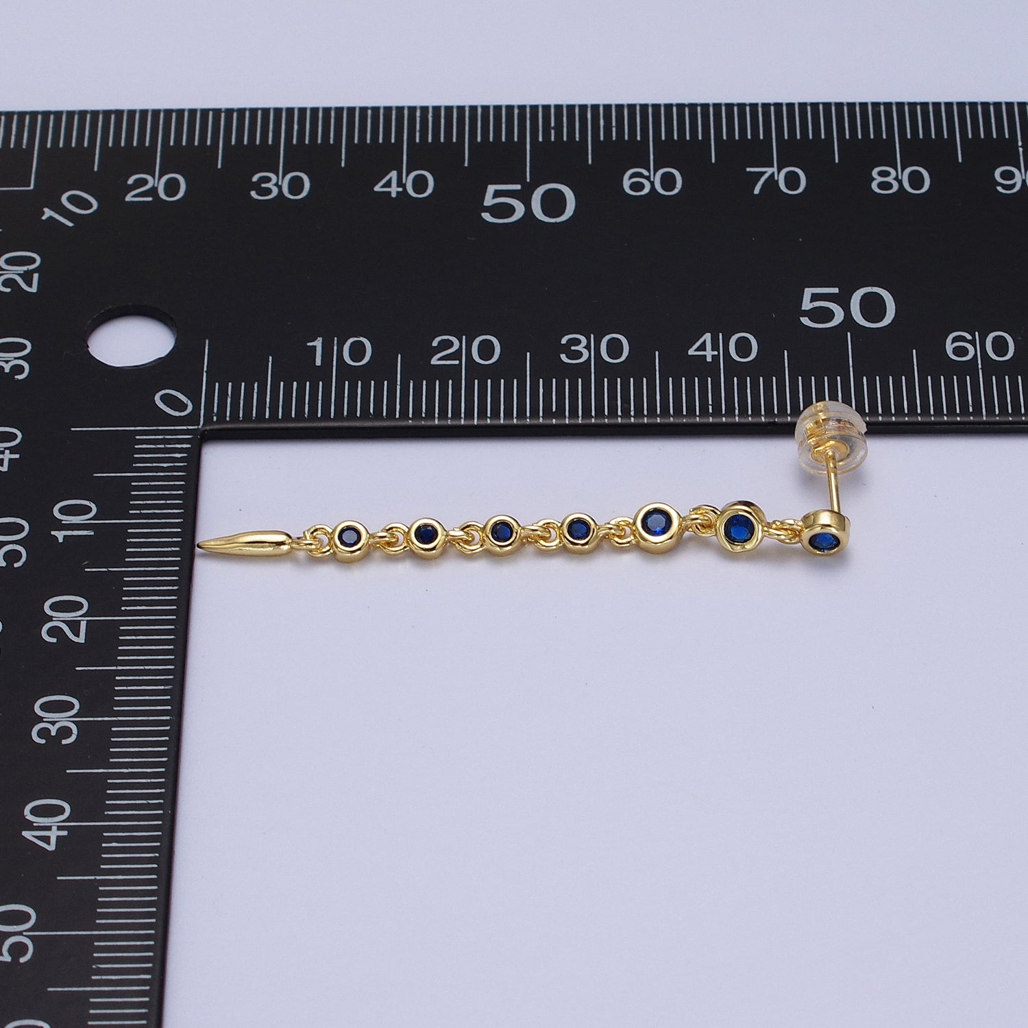 Round Blue CZ Spike Long Linear Drop Gold Earrings | AB006 - DLUXCA