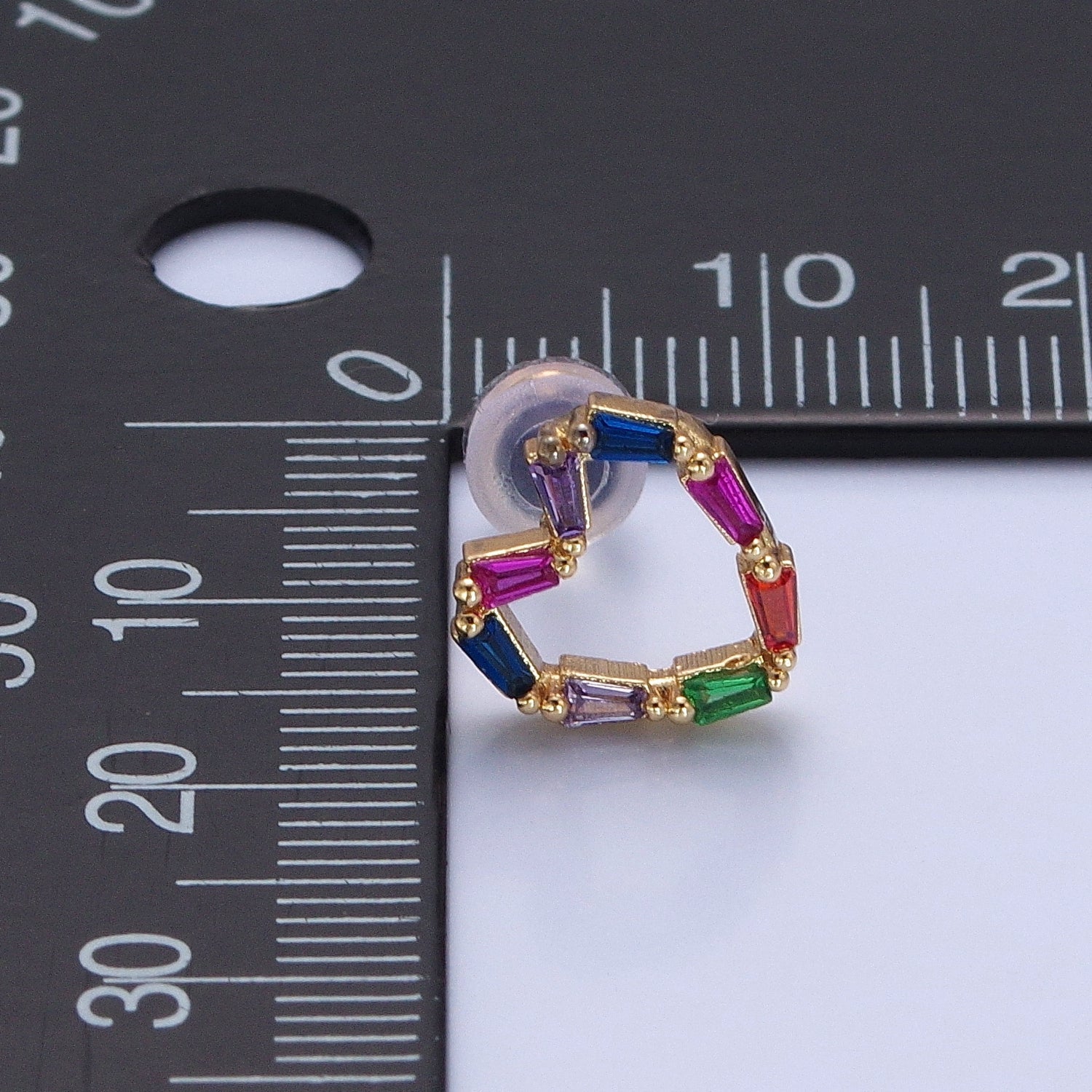 Multicolor Baguette Cubic Zirconia Heart Stud Earrings, Valentine Love CZ Earrings V-420 - DLUXCA