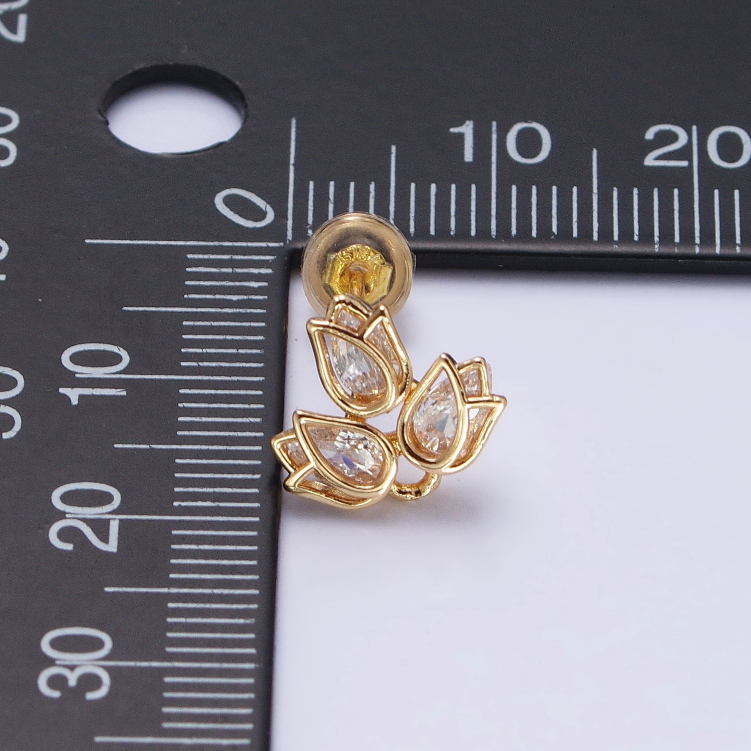 Gold Triple Tulip Nature Flower Clear CZ Stud Earrings | AB520 - DLUXCA