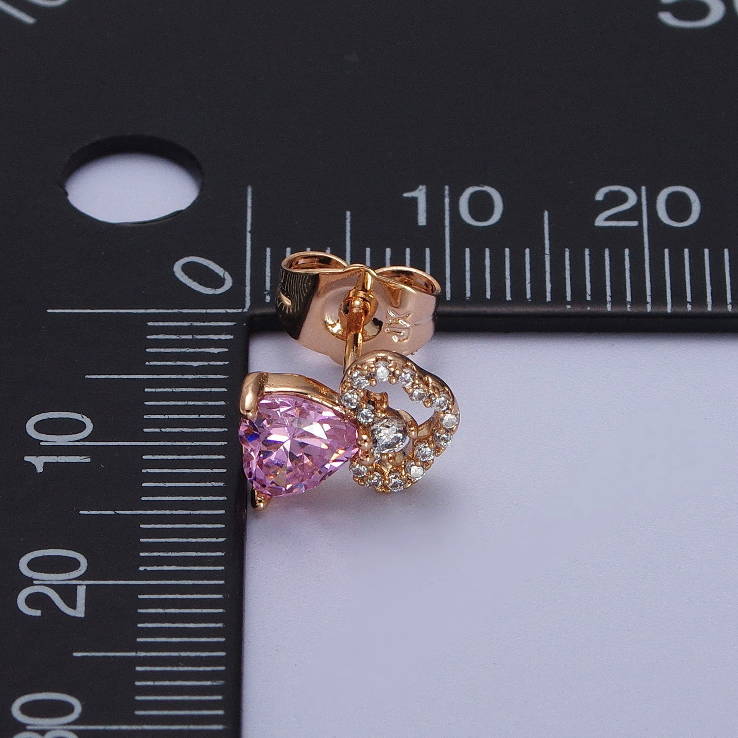 18K Gold Filled Pink Heart Micro Paved CZ Stud Earrings | Y303 - DLUXCA