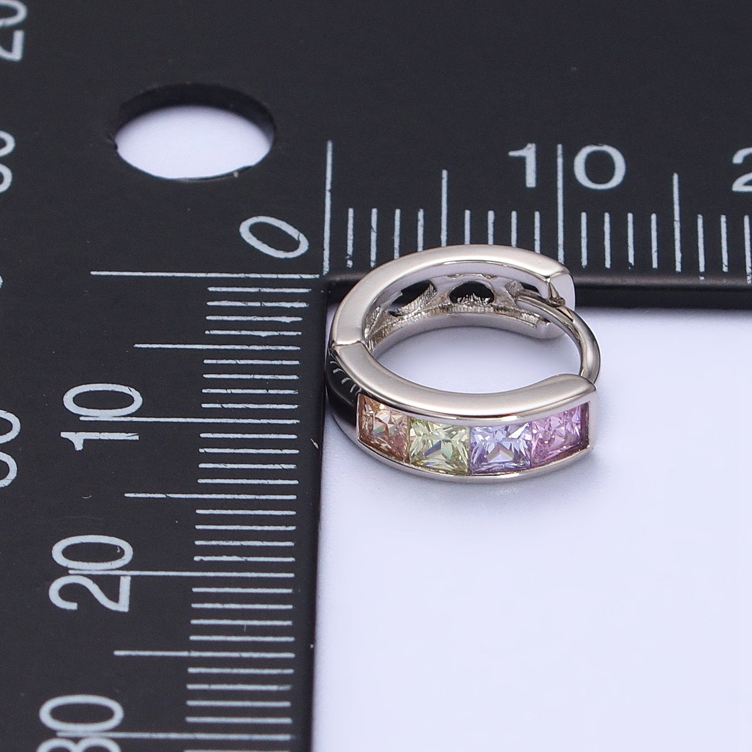 Multicolor Pastel Checkered Square CZ 12mm Cartilage Silver Huggie Earrings | AB268 - DLUXCA