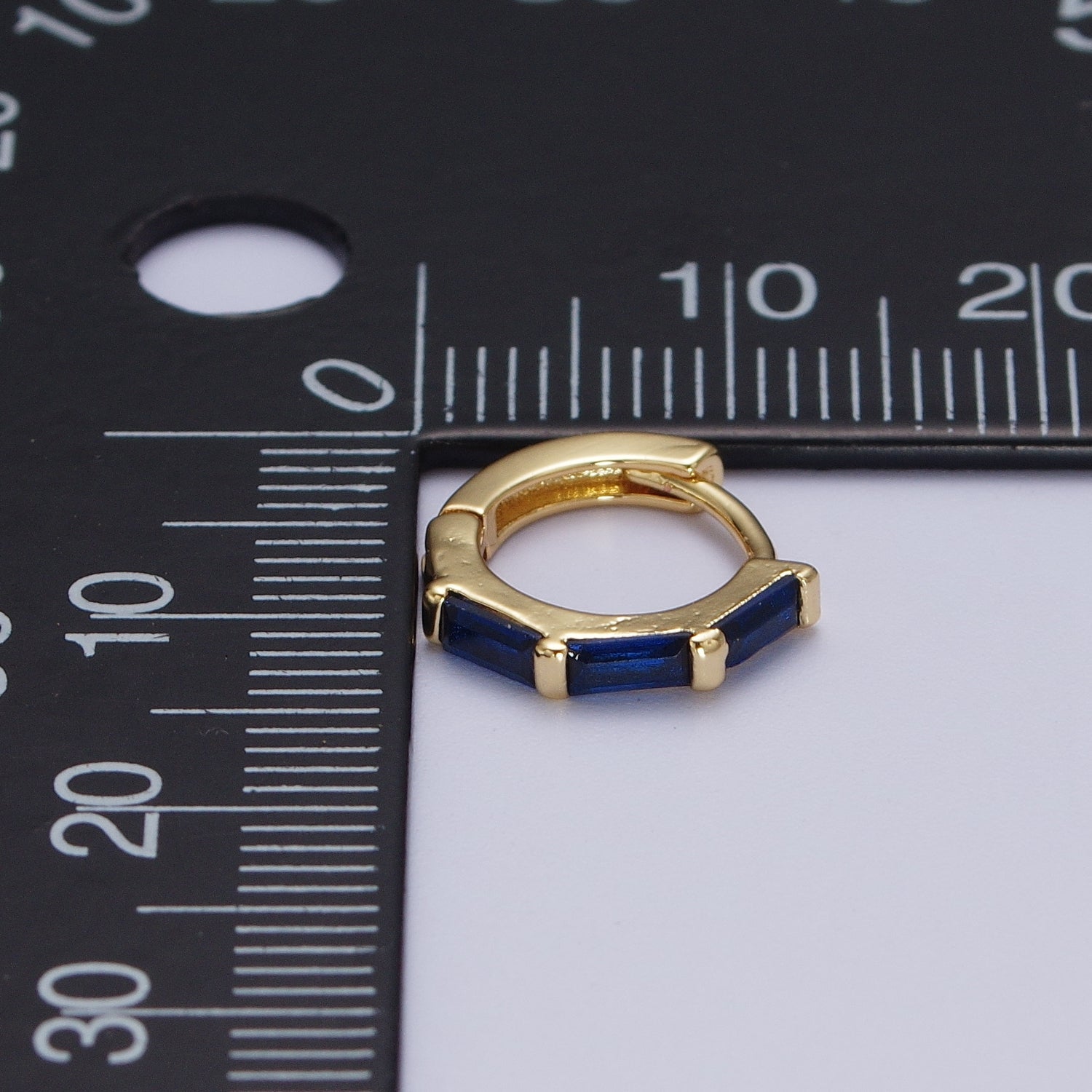 Fuchsia, Blue, Green Baguette Lined 12mm Gold Huggie Hoop Earrings | Y155 Y156 Y173 - DLUXCA