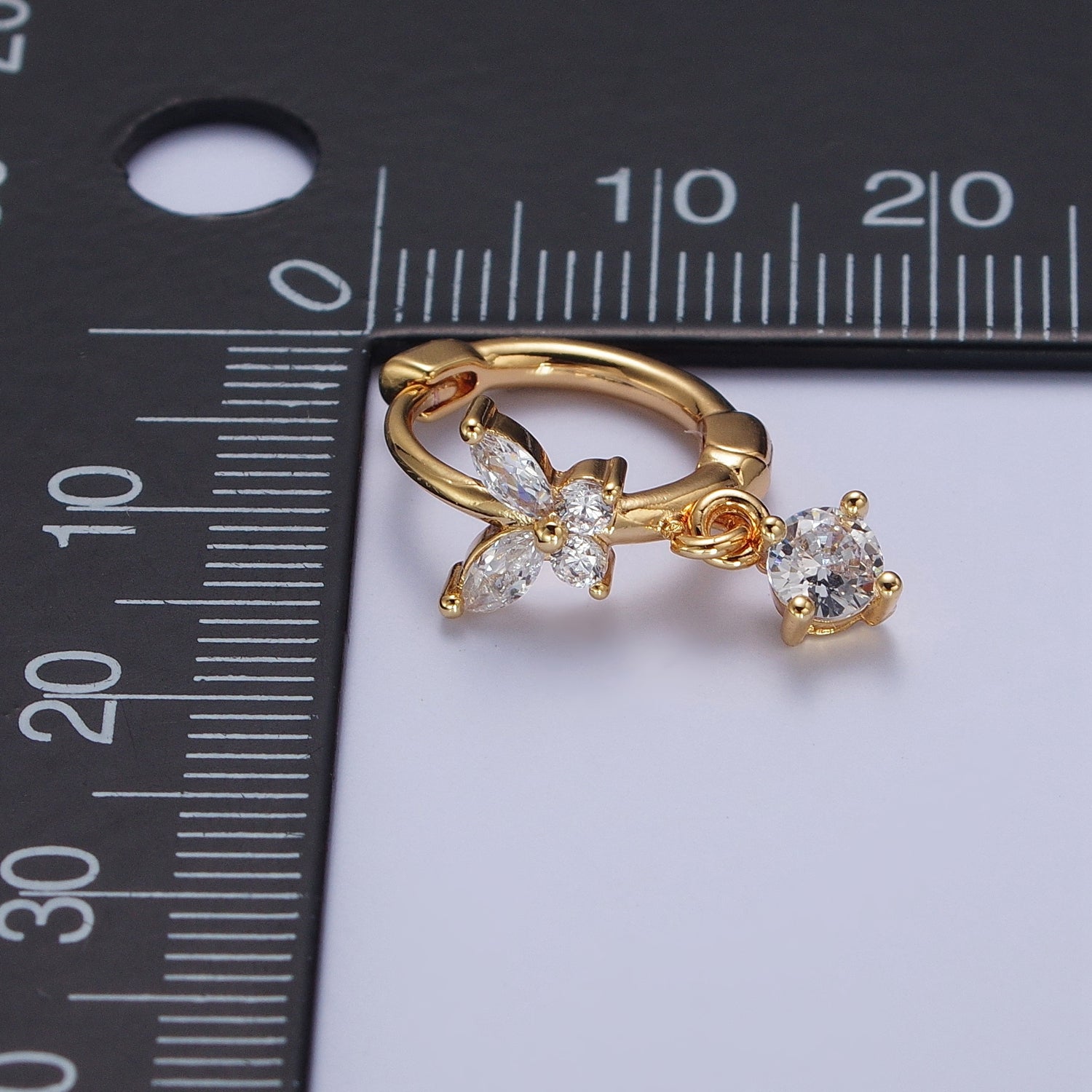 16K Gold Filled Mariposa Butterfly Lined Huggie with Round Cubic Zirconia Dangle Drop Hoop Earrings | X850 - DLUXCA