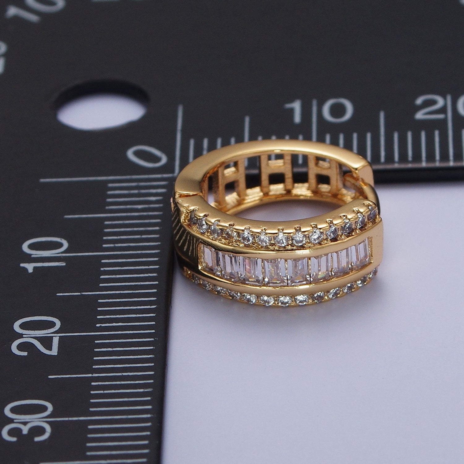 16K Gold Filled Micro Paved Baguette Lined Cubic Zirconia Huggie Hoops Earrings | X844 - DLUXCA