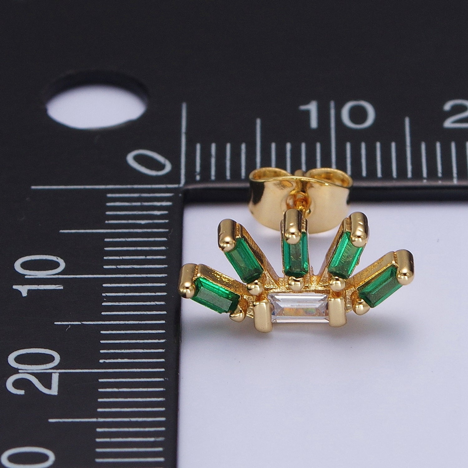 24K Gold Filled Multiple Green & Clear Baguette Cubic Zirconia Plant Flower Stud Earrings X-861 - DLUXCA