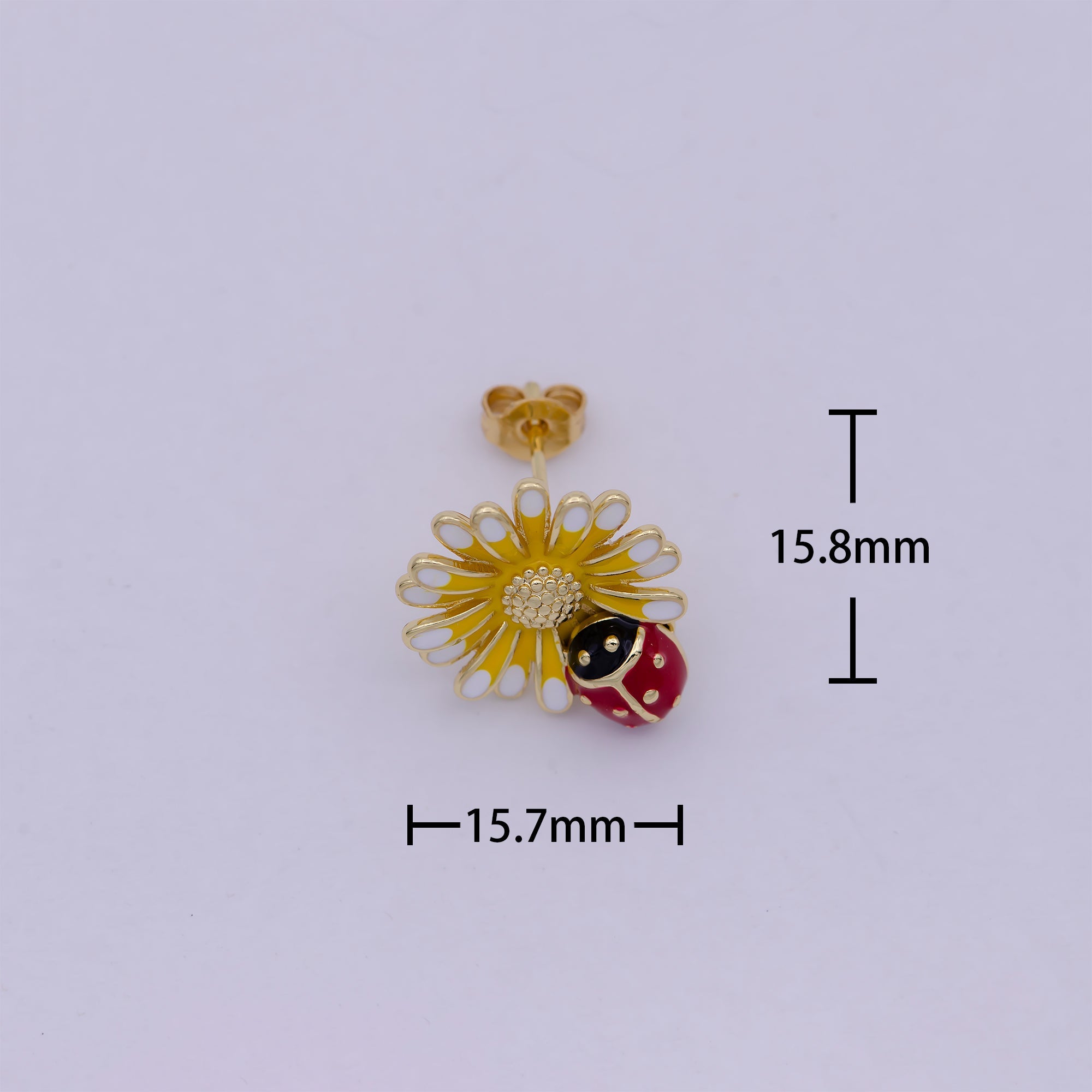 Dainty Sun Flower With Lady Bug Stud Earring Yellow Red Enamel - DLUXCA