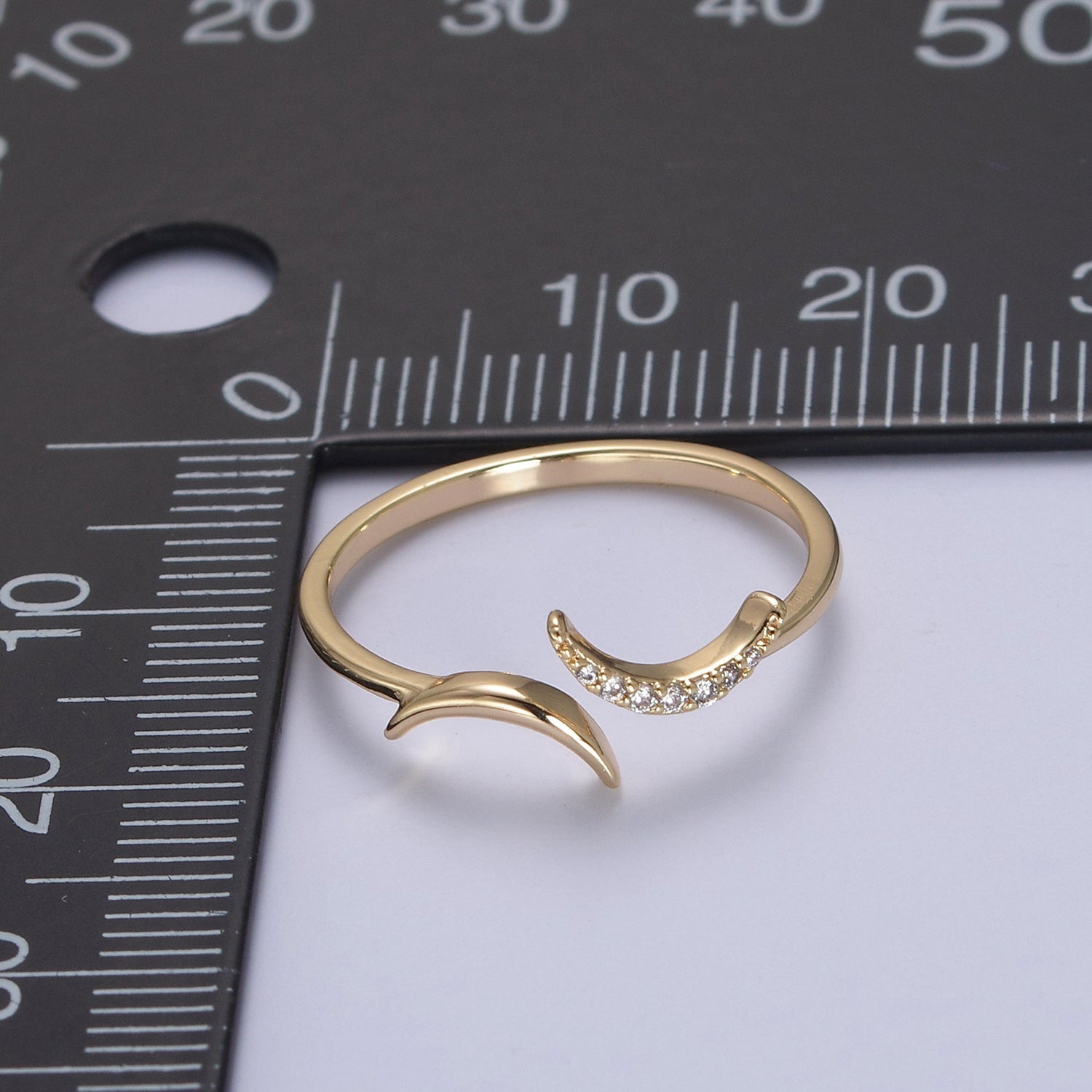 16K Gold Filled Double Crescent Moon Ring, Celestial Crystal Zirconia CZ Adjustable Open Ring | U425 - DLUXCA