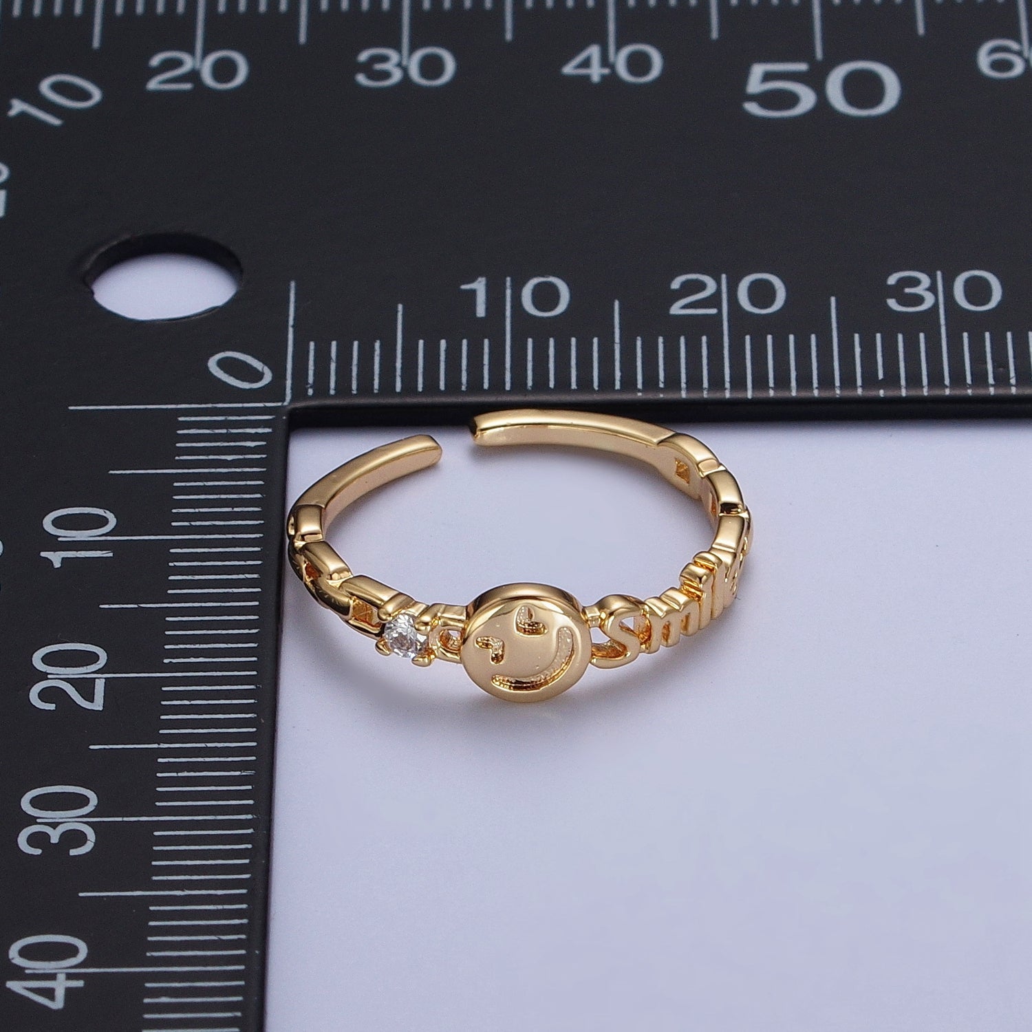 24K Gold Filled Happy Face & Smile Script with Cubic Zirconia Adjustable Gold Ring | X580 - DLUXCA