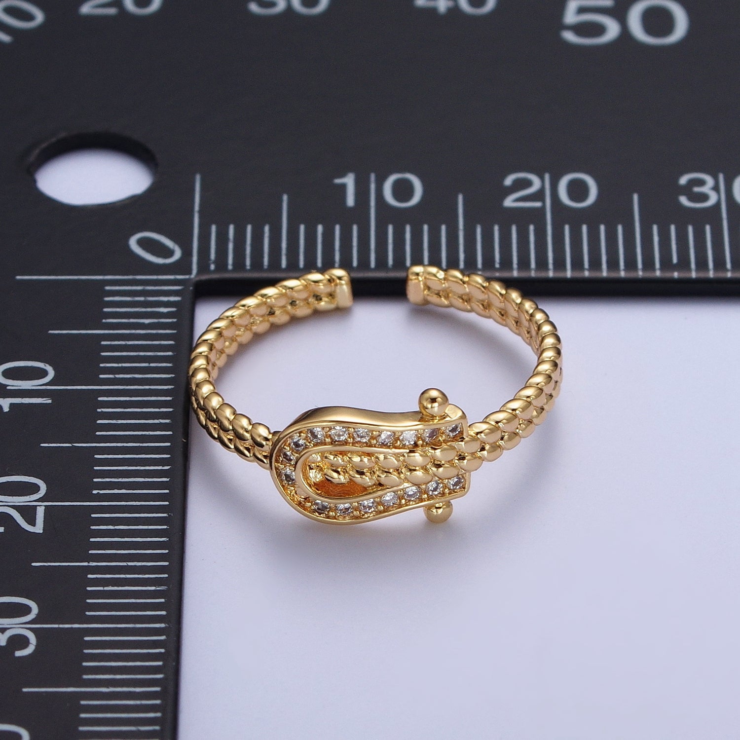 Gold Micro Paved Clear Cubic Zirconia Belt Buckle Twisted Braided Adjustable Ring | X585 - DLUXCA