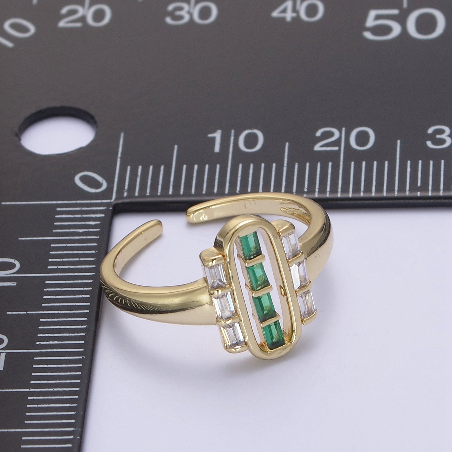 Dainty Gold Baguette Ring for Stackable Jewelry Green / Clear Cz Pill Ring U-472 - DLUXCA