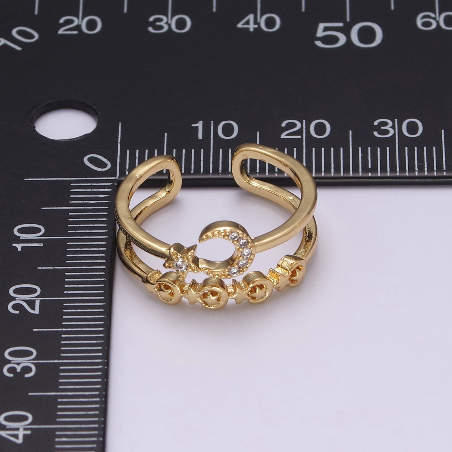 Double Band Crescent Moon Star Ring for Stackable Jewelry Open Adjustable Ring - DLUXCA