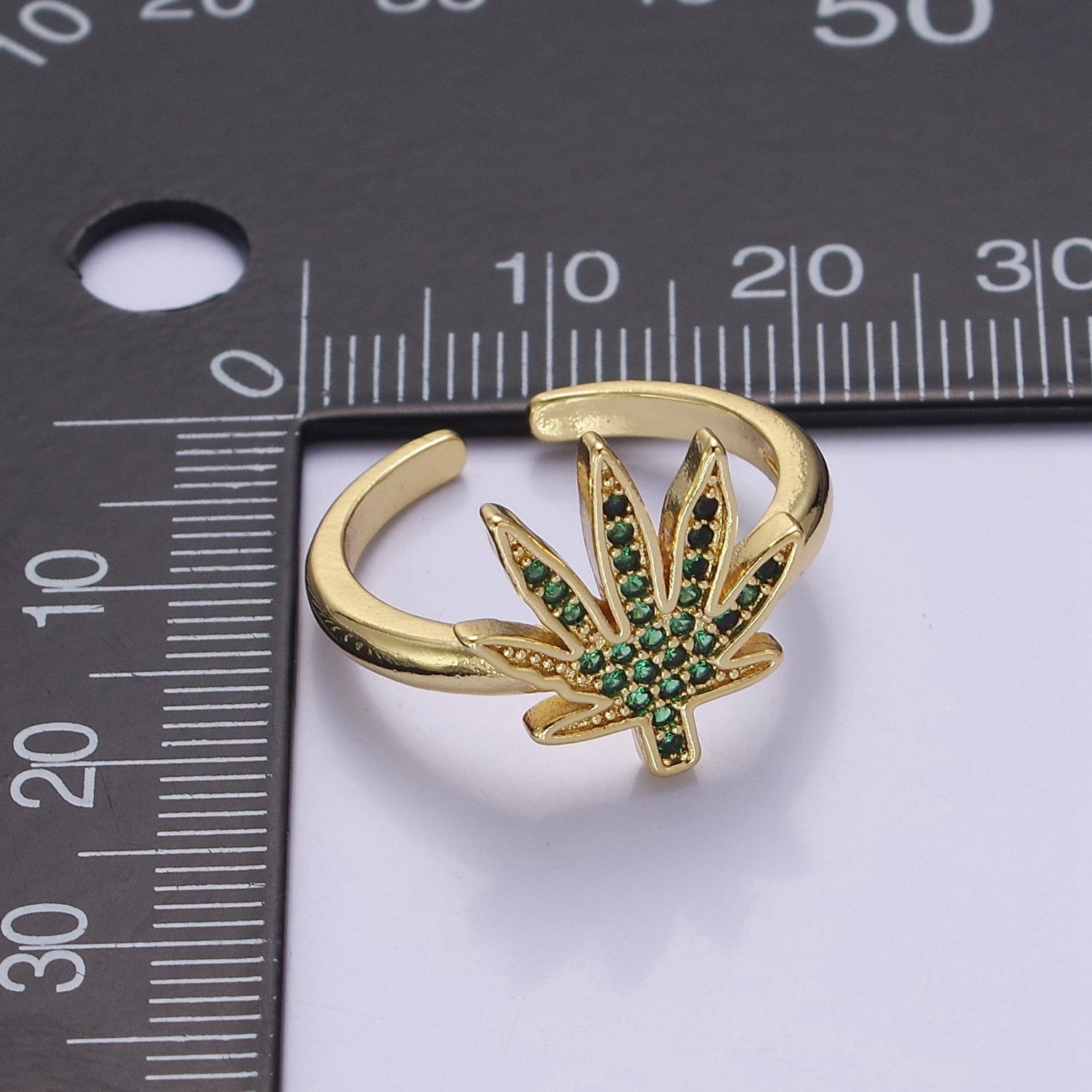 Gold Mary Jane Ring Green Weed Ring Open Adjustable Ring V-309 - DLUXCA