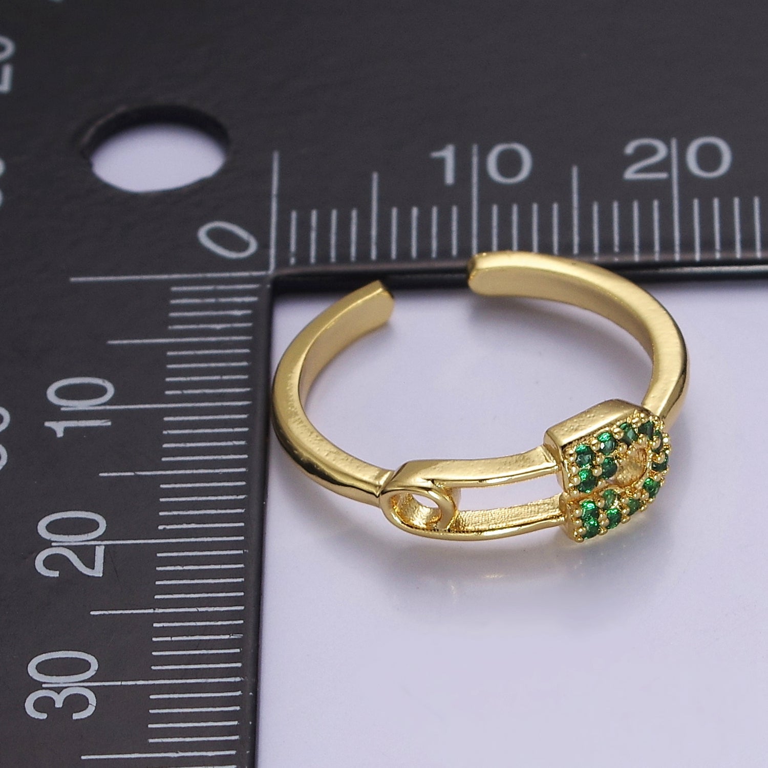 24k Gold Filled Tiny Safety Pin Ring | Emerald Green Micro Pave Dainty Ring V-329 - DLUXCA