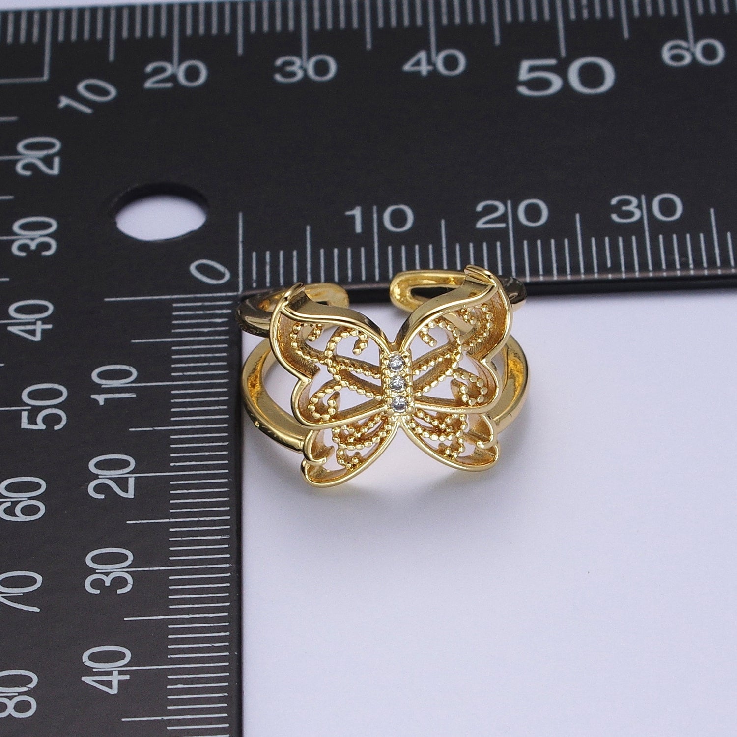Gold Micro Paved CZ Mariposa Butterfly Engraved Wings Double Band Statement Ring | V044 - DLUXCA