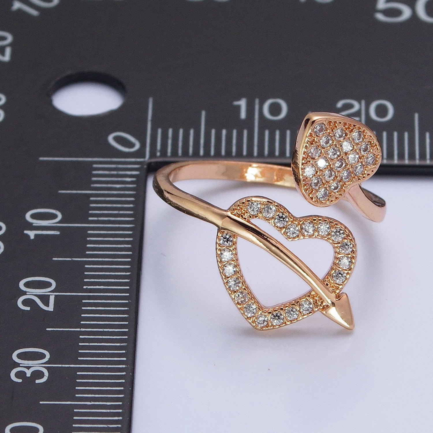 16K Gold Filled Two Micro Pave CZ Hearts with Arrow Open Adjustable Ring S233 - DLUXCA