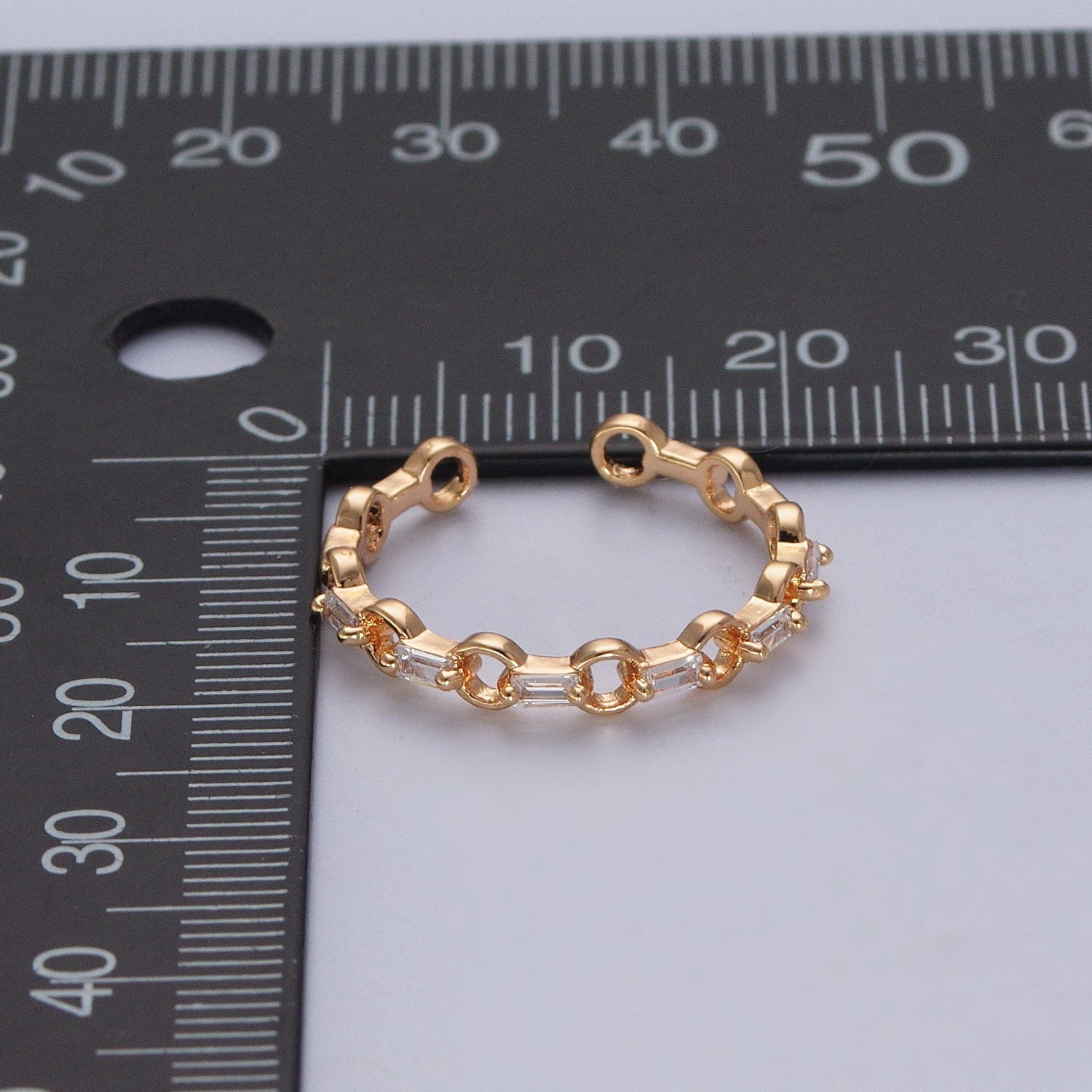 Minimalist Rolo Chain Link & Clear Baguette Cubic Zirconia Gold Adjustable Ring R510 - DLUXCA