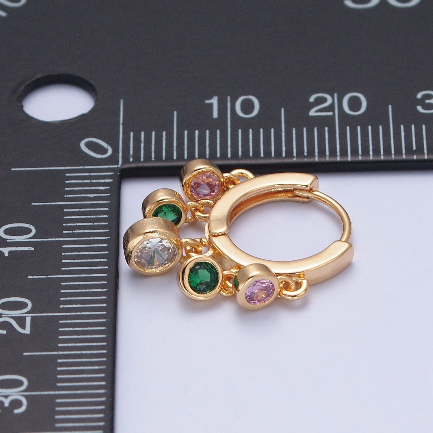 24K Gold Filled Multicolor Cubic Zirconia Clear Green Pink Charm Dangle Huggie Hoop Earrings W699 - DLUXCA