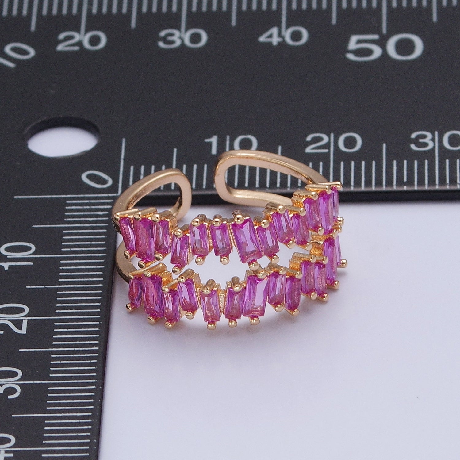 Double Band Pink Baguette Ring Open Adjustable Ring V-491 - DLUXCA