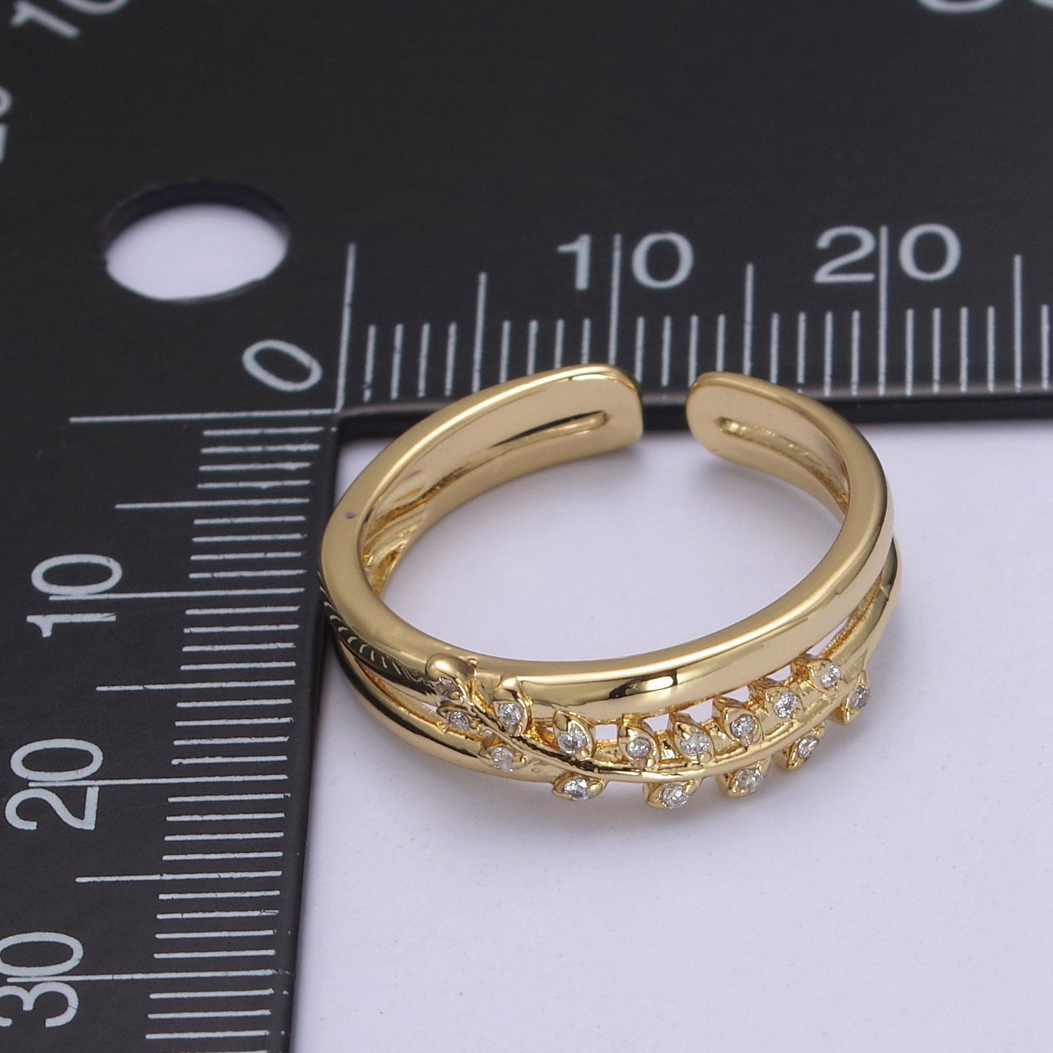 Gold Filled Double Olive Branch Vine with Crystal Zirconia CZ Band Adjustable Ring in 24K Gold & Silver | U386, U387 - DLUXCA